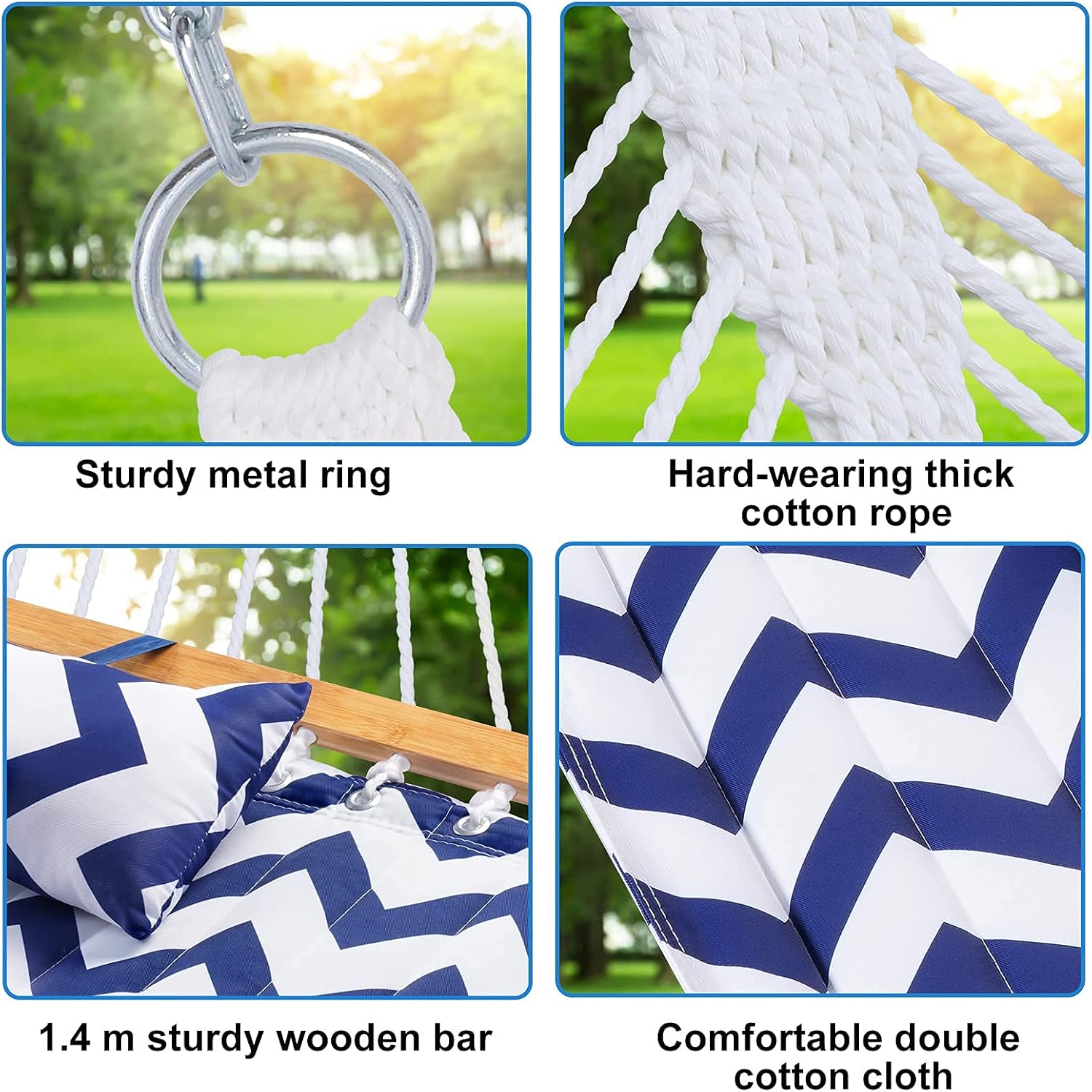 Y- STOP 13.2FT Hammock with Pillow, Quilted Fabric Hammock with Chains and Hooks for Outdoor, Indoor, Double Solid Wood, for Two Person, Max 440 Lbs, Beige (Blue Wave) : Patio, Lawn & Garden