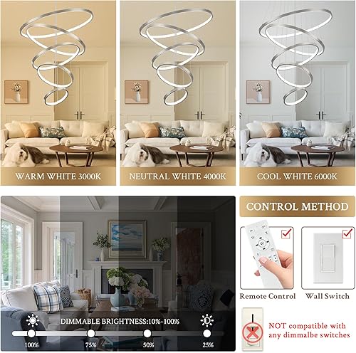 Miniatura 3 de Moedrn - Candelabros LED de 5 anillos de níquel cepillado, lámpara de vestíbulo regulable para techo alto, lámpara de níquel contemporánea regulable