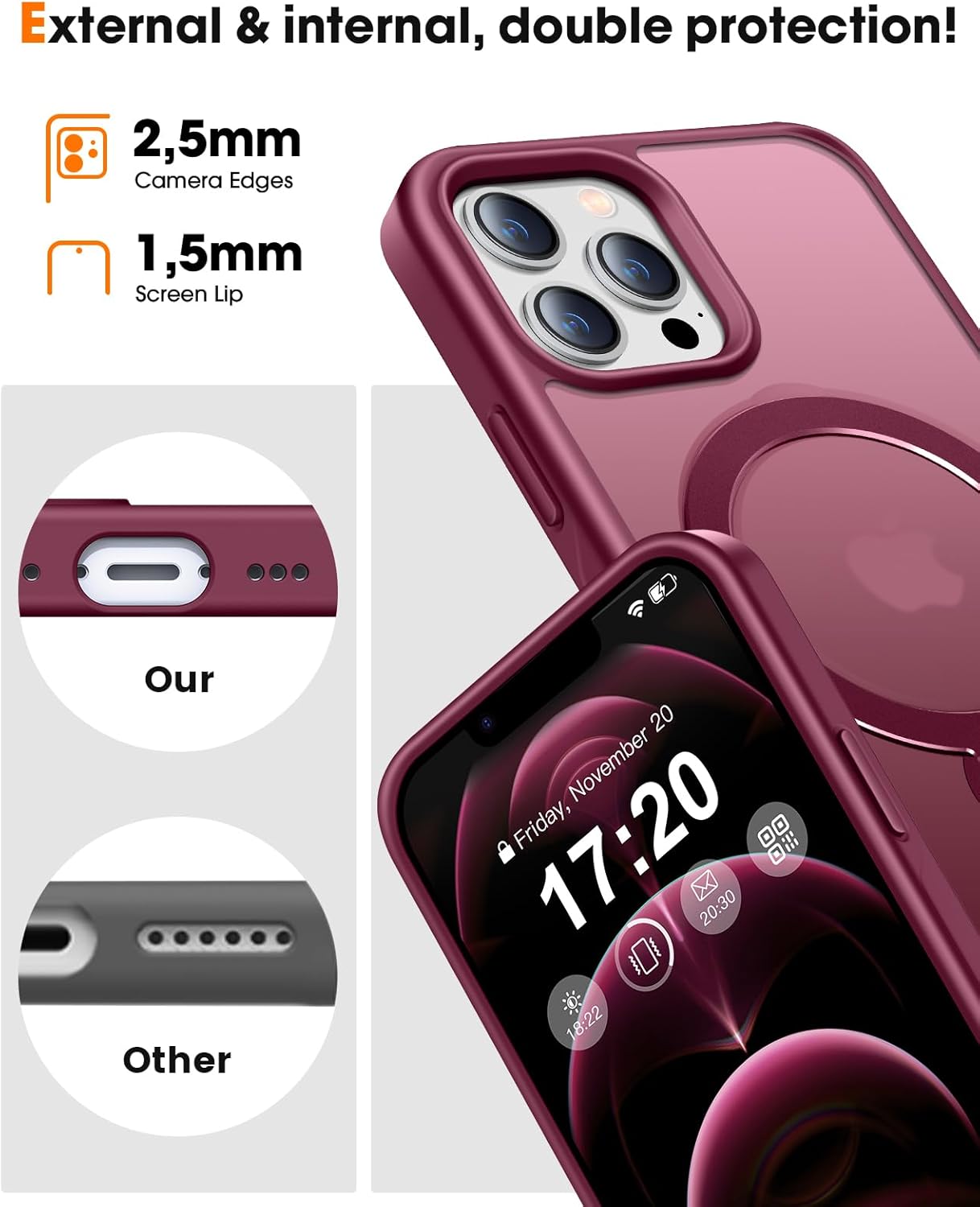 360° Rotatable Magnetic Stand for iPhone 12 pro max Case Compatible with Mag-Safe 16FT Military Drop Protection, Anti-Scratch/Fingerprint iPhone 12 pro max Phone Case(Matte-Wine Red)