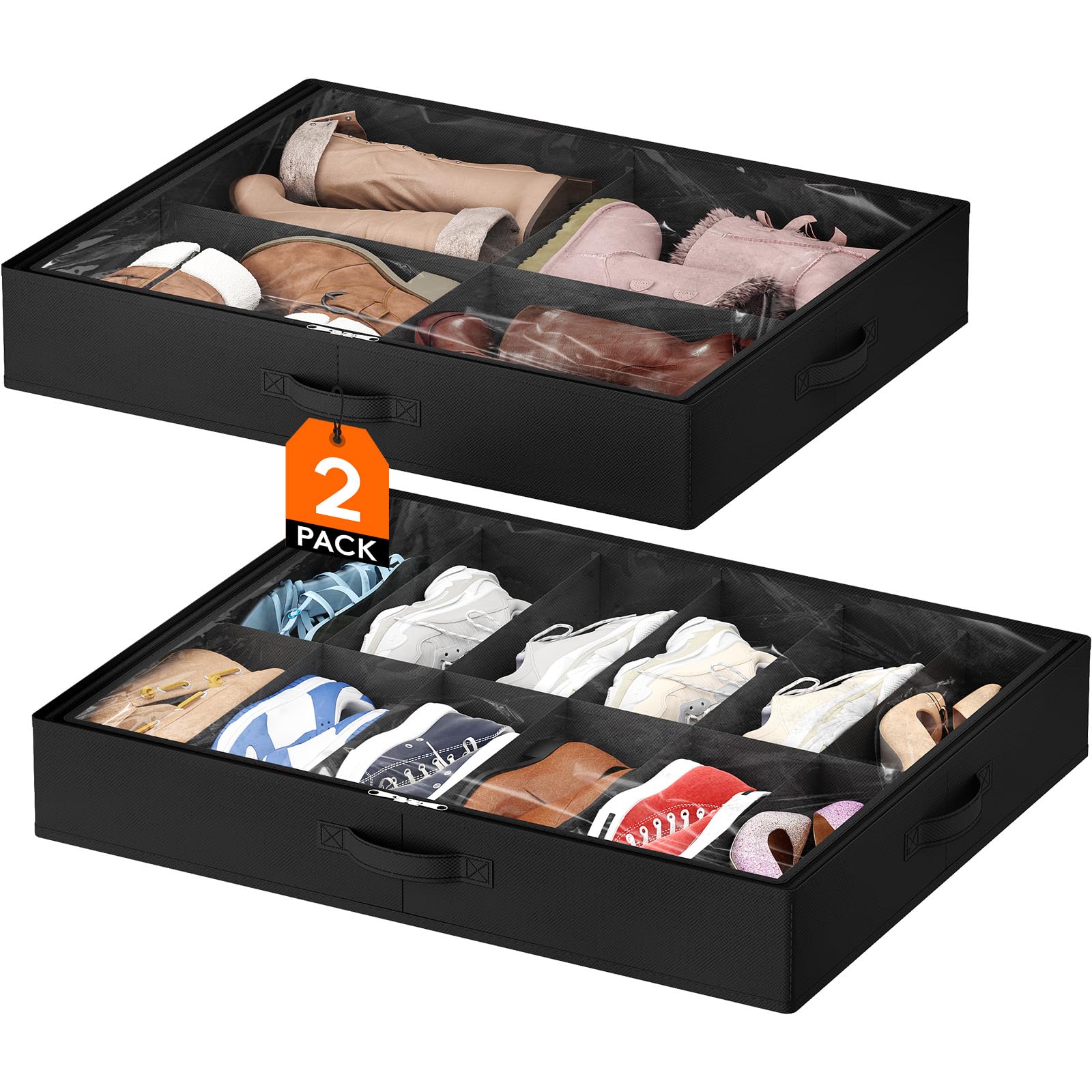 Lifewit Scatole per Scarpe con Finestra Trasparente, 12 Paia + 4 Paia, Contenitori Portaoggetti Pieghevole Sottoletto per Scarpe, Organizer per Scarpe con Manici Salvaspazio, Nero