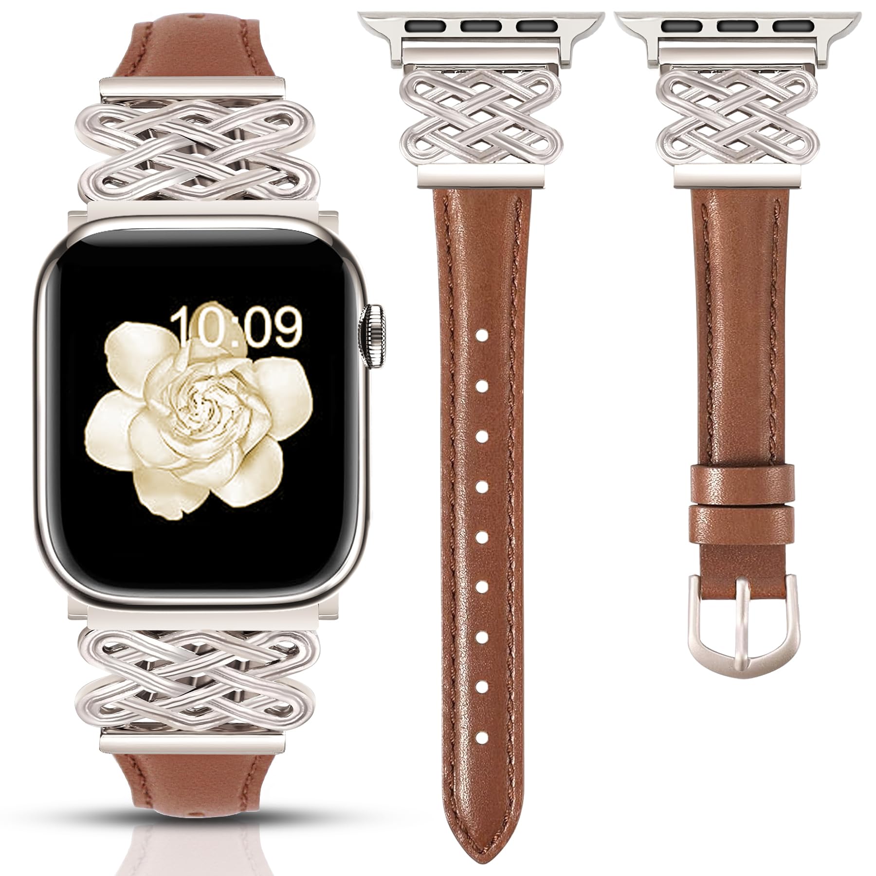 Newlibery Leather Band for Women Slim Dressy Bands Compatible with Apple Watch 38mm 40mm 41mm 42mm 44mm 45mm 49mm, Designer Interlock Buckle Strap for iWatch Series 10/9/8/7/6/5/4/3/2/1/SE/Ultra