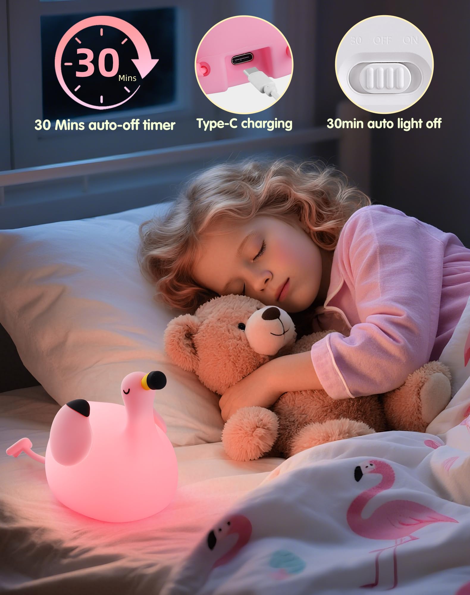 YISUN Veilleuse flamant rose pour enfants, lampe de chevet LED rechargeable en silicone souple avec minuterie, 3 niveaux à intensité variable, jolie veilleuse pour chambre à coucher, salon, salle à
