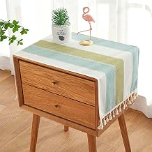 SIELUNO Nightstand Table Tassel Cover Cloth, Rustic Rectangle Linen Coffee Table Cloth Suitable for Bedside Table TV Microwave Washing Machine Refrigerator Top Dust Cover-Blue Green Stripe-16x36 Inch