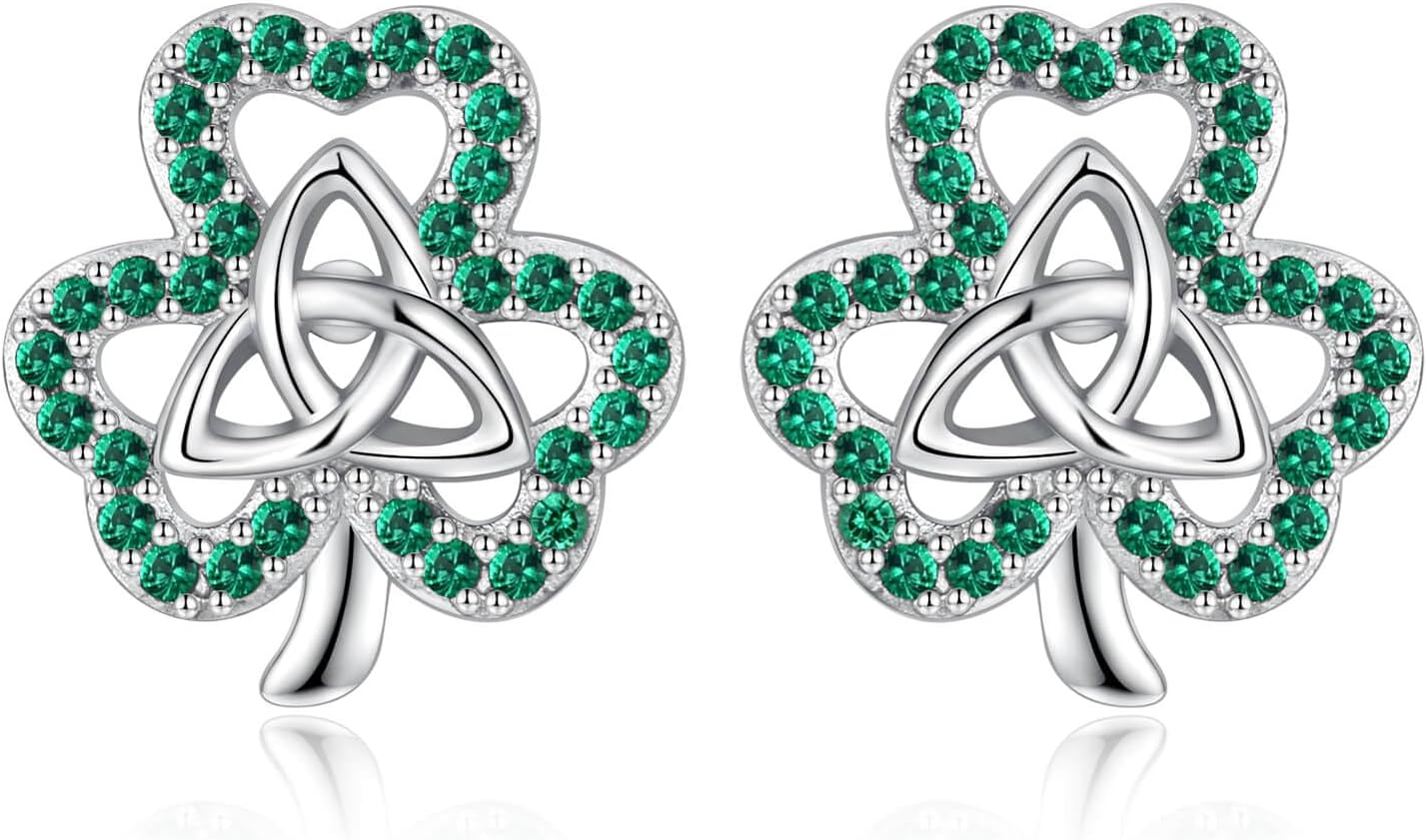 925 Sterling Silver Celtic Knot Shamrock Stud Earrings for Women Green CZ Irish Clover Earrings Lucky Symbol St Patricks Day Jewelry Gift