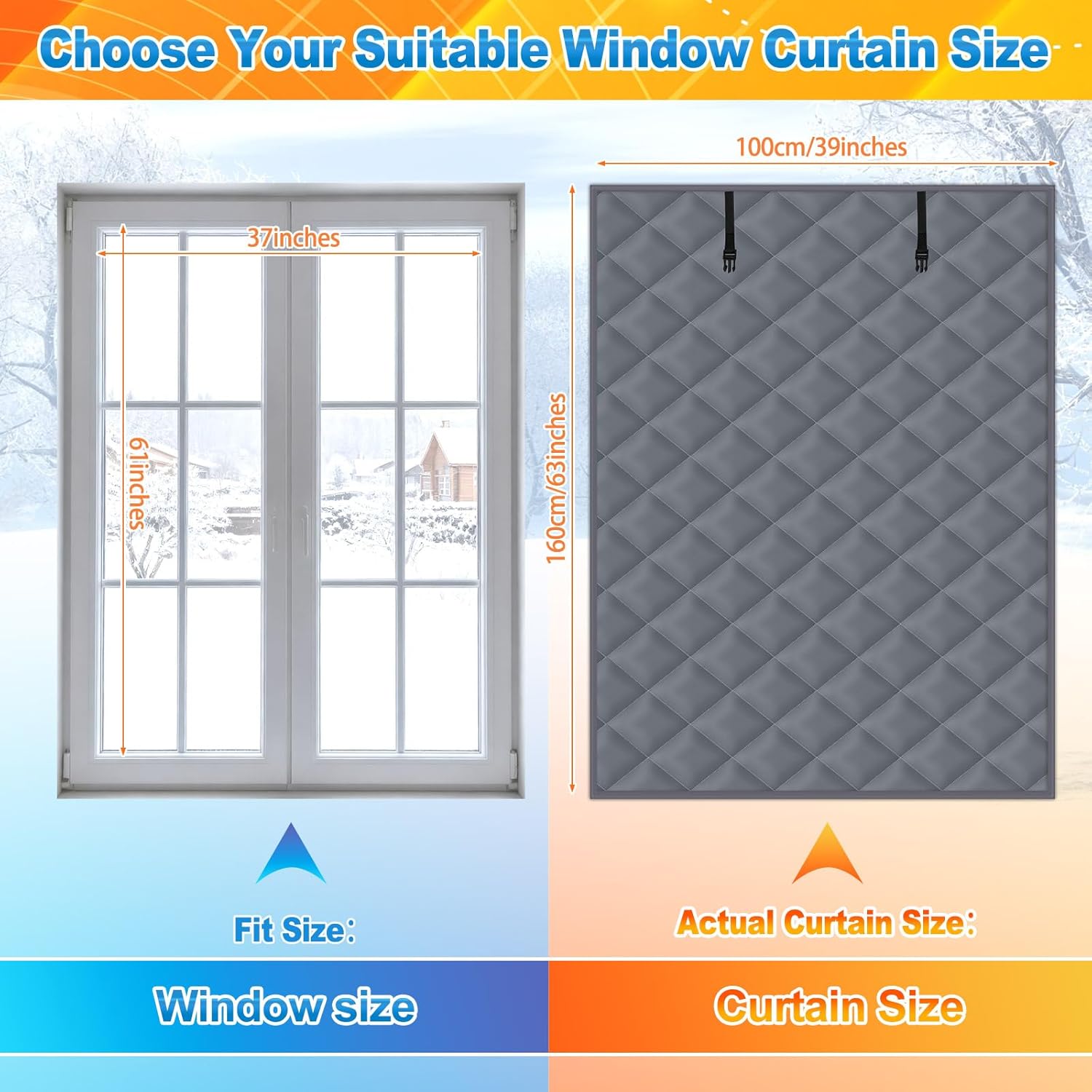 2 Pcs 63 x 39 Inches Window Insulation Curtain Kit Winter Thermal Window Cover with Fastener Oxford Cloth 2 Layer Thick Cotton Filled Loop Strips Insulation Kit for Keeping Warm (Dark Gray)