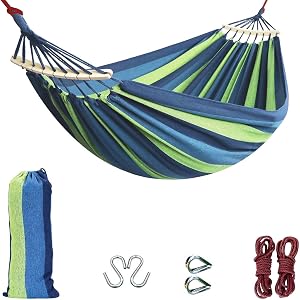 Camping Hammock 9FT Double Hammock with Spreader Bar, with Tree Hanging Rope and Carabiner for Patio Porch Backyard Travel Outdoor Indoor- Soft Canvas Fabric