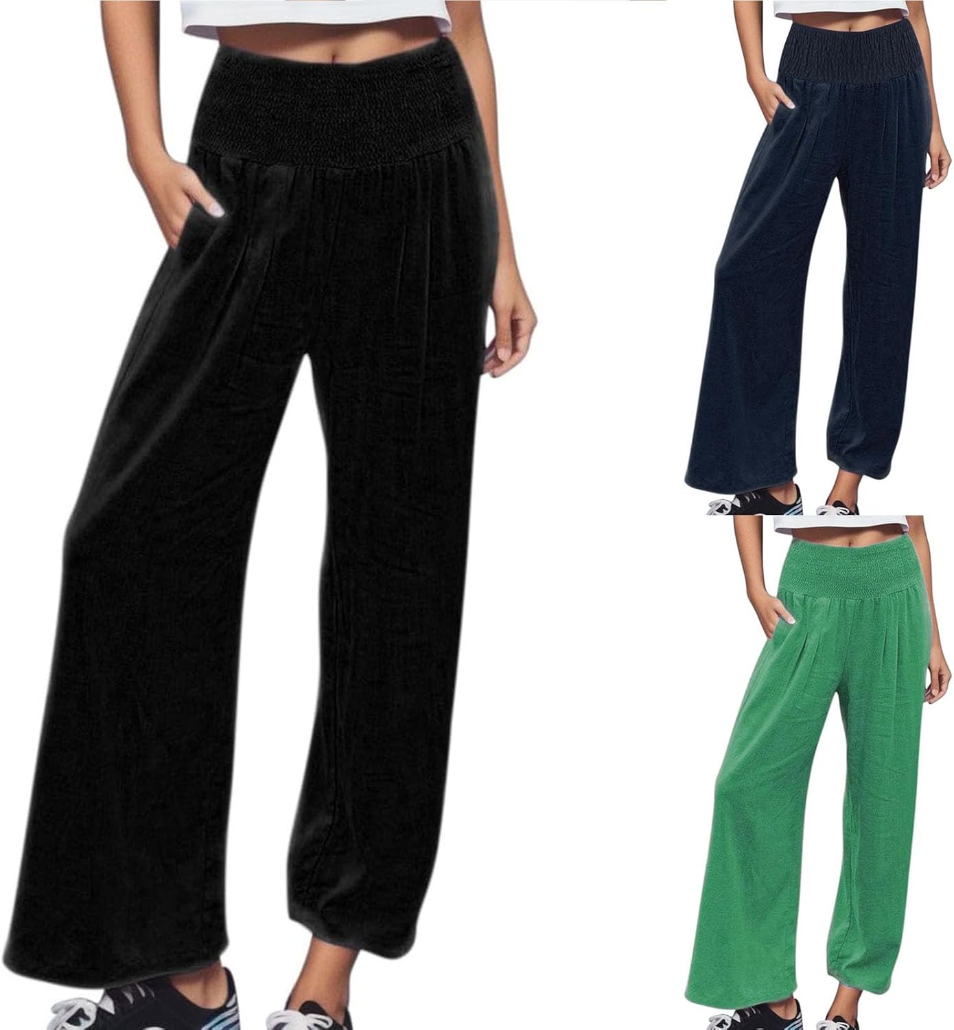 Women Smocked High Waist Straight Wide Leg Trousers Loose Fit Lounge Pants Pockets Linen Beach Flowy Dressy Palazzo