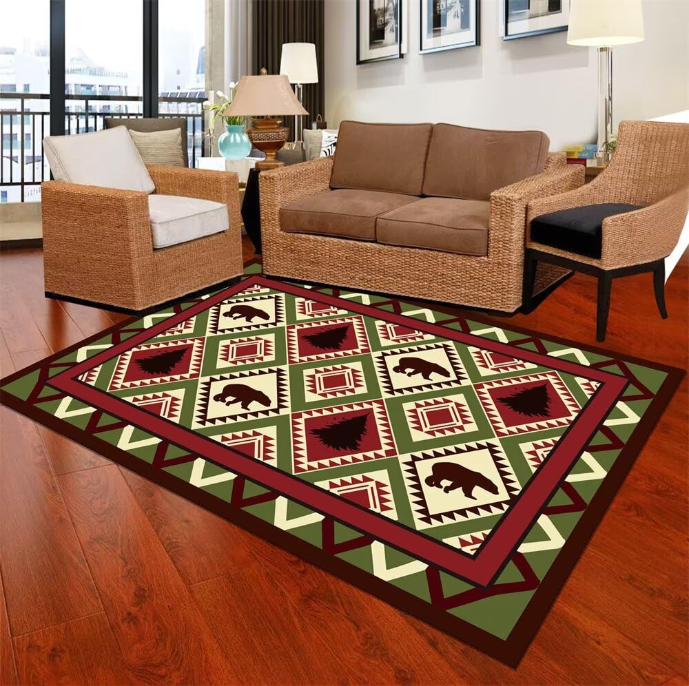 Tapis rouge et vert 120x180cm à motif géométrique carré pour grand salon et chambre d'enfant