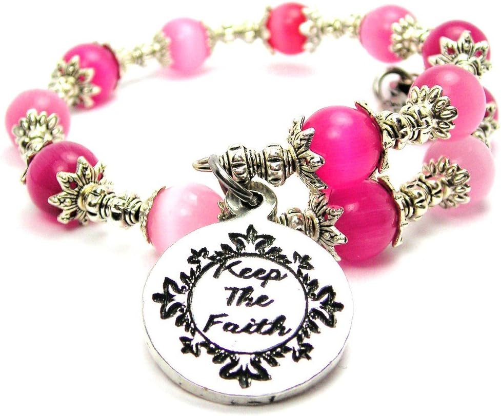 ChubbyChicoCharms Keep The Faith Cat's Eye Wrap Charm Bracelet in Hot Pink and Rose Pink Glass