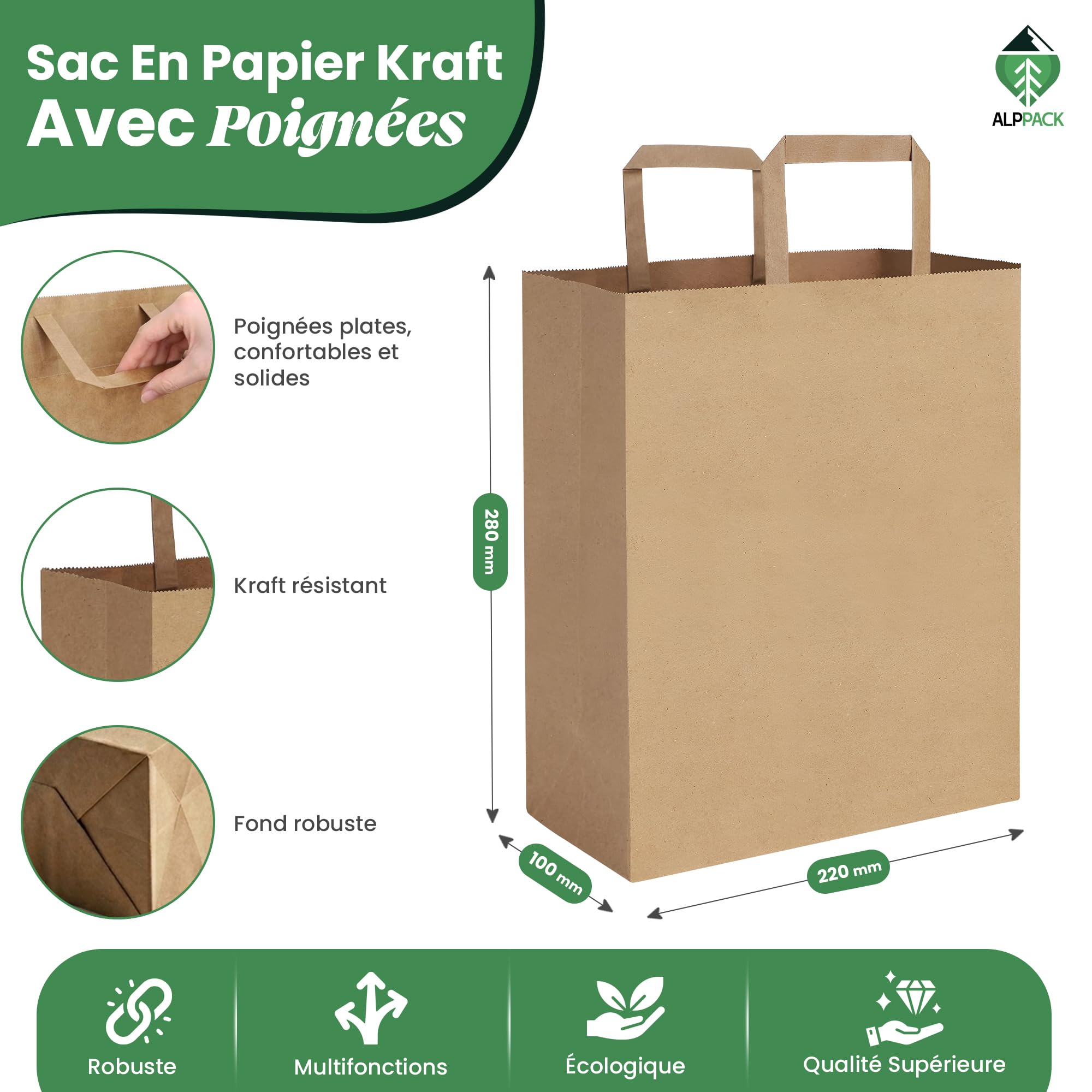 Bolsa Kraft con asas - 250 bolsas de papel Kraft 22 + 10 x 28 cm - Bolsa de regalo resistente para cumpleaños, Navidad y Pascua - Papel Kraft reciclable para tienda y embalaje