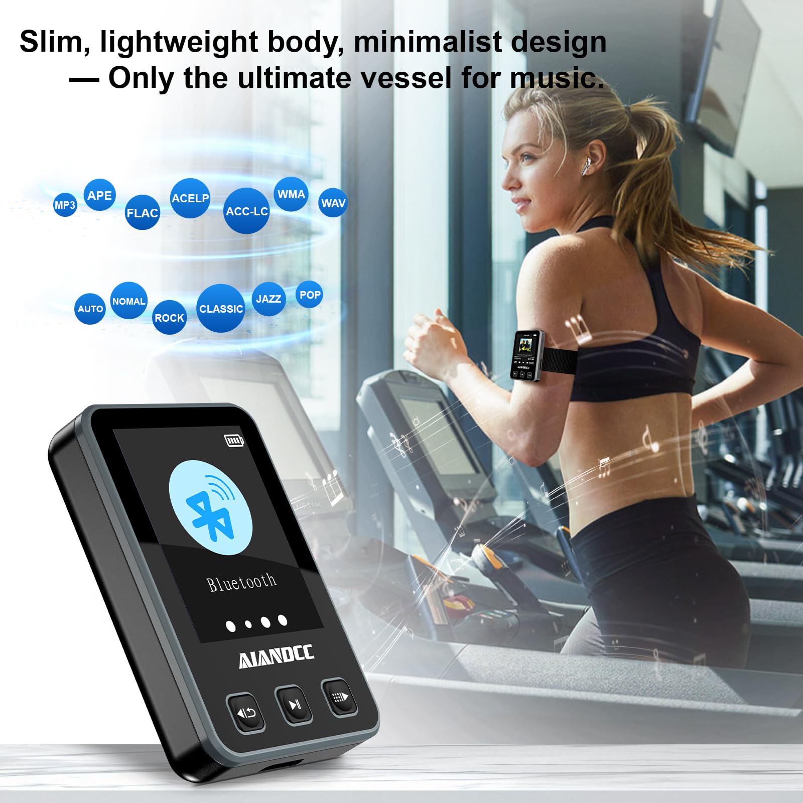 MP3 Player Bluetooth 5.3 mit Sport Clip und Sportarmband, mp3-player mit 1,77 Zoll TFT Farbbildschirm, Mp3 Player mit Kopfhörer, Unterstützt bis 128GB SD Karte, Schwarz