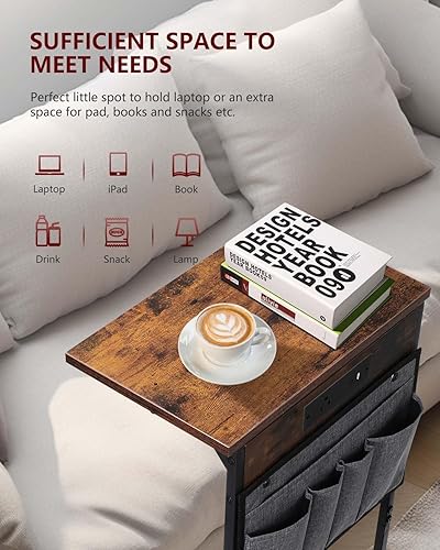 Miniatura 7 de Mesa auxiliar en forma de C con estación de carga, mesa auxiliar de sofá pequeña con bolsa de almacenamiento, toma de corriente y USB, resistente