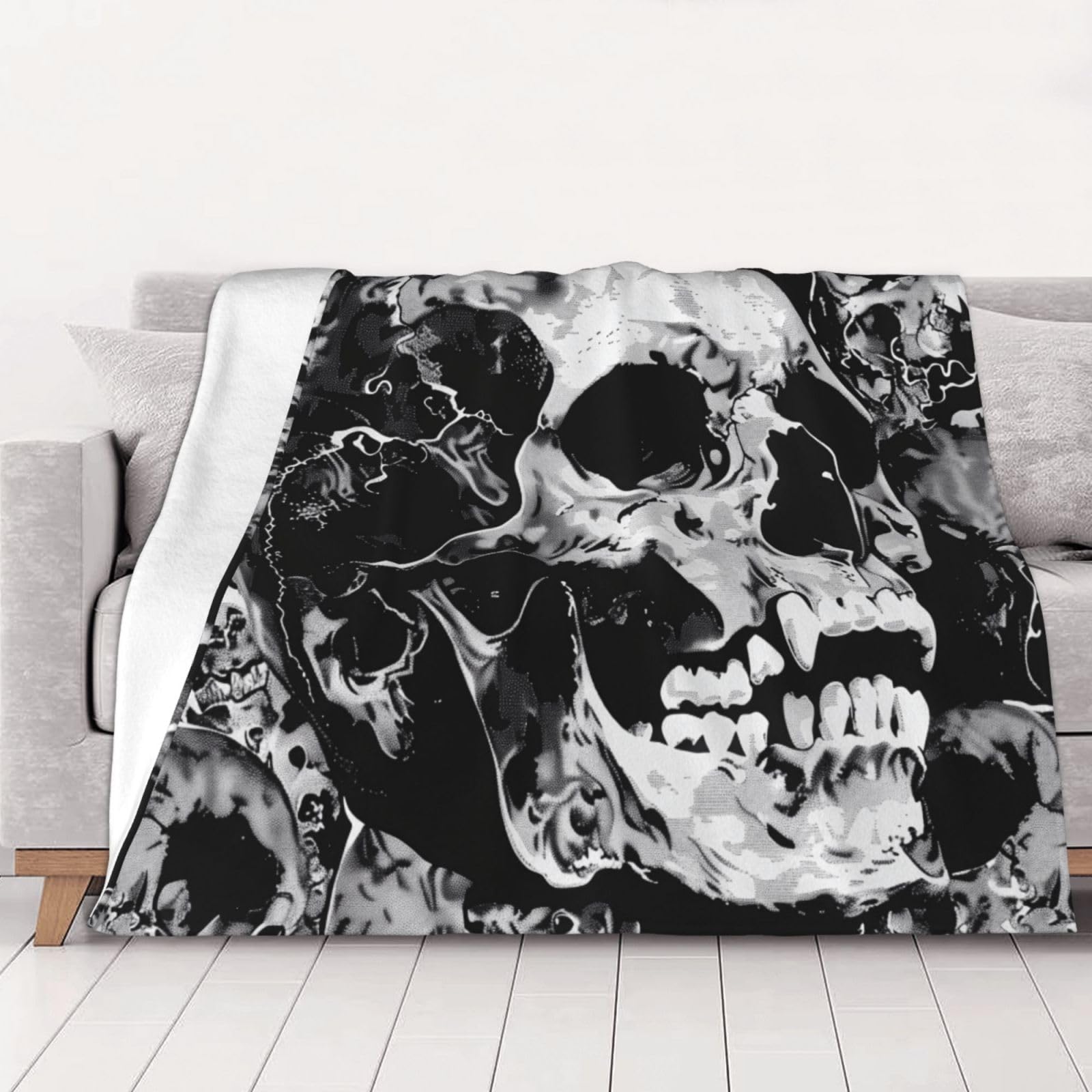 AUBKFELD Black and White Human Skull Printed Flannel Blanket 200x150 CM, Soft & Warm Throw Blanket for Sofa/Couch/Bed/Car, Gifts for Audlts Women Men