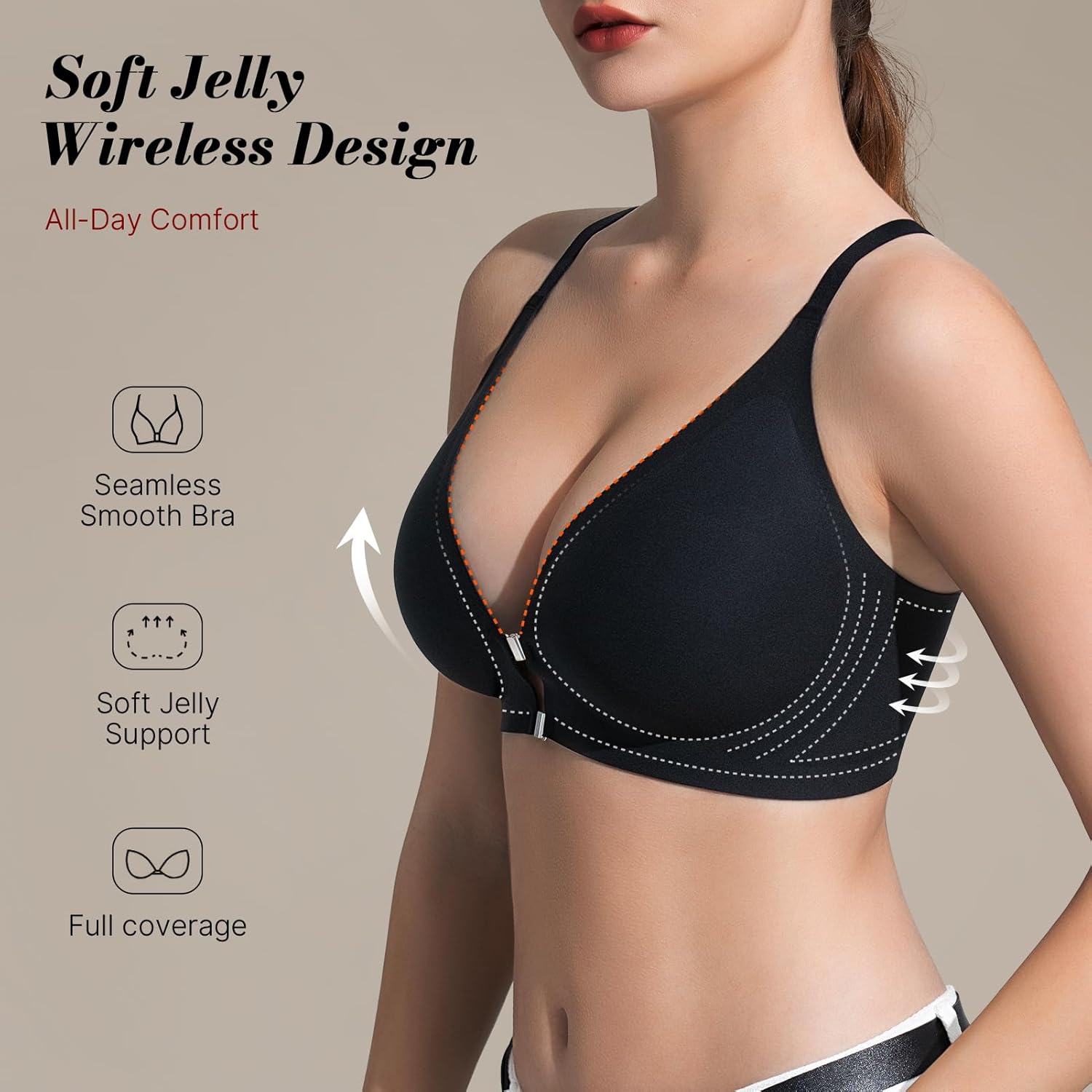 Front Closure Push Up Bra for Women, Seamless Plunge Bra, Wireless Underwire-Free Bralette - Image 3