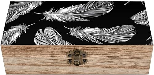 Caja de almacenamiento de madera de plumas estilo línea, grandes contenedores de madera retro con tapa con bisagras de 7.9 x 3.9 x 2.3 pulgadas,