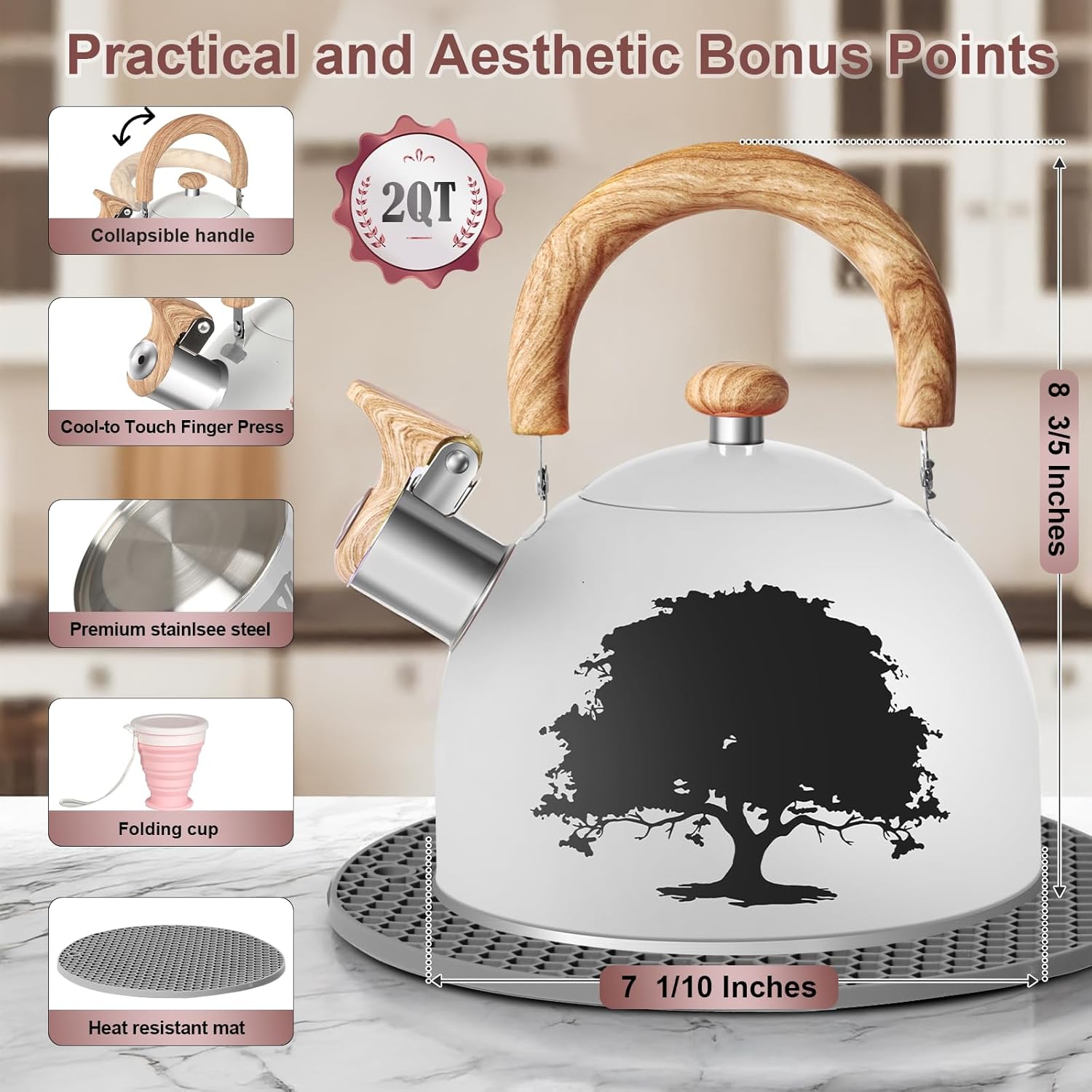 ARC Stainless Steel 2-Quart Whistling Milk White Tea Kettle with Magic Color Changing Design, Stovetop Teapot With Folding Cup & Trivet Mat