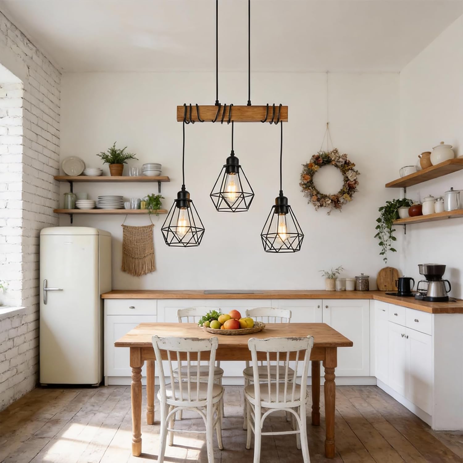 3-Lights Farmhouse Dining Room Pendant Light Fixtures Over Table, Rustic Solid Wood Kitchen Island Lighting Hanging with Metal Shades, Modern Black Ceiling Lamp for Living Room Hallway