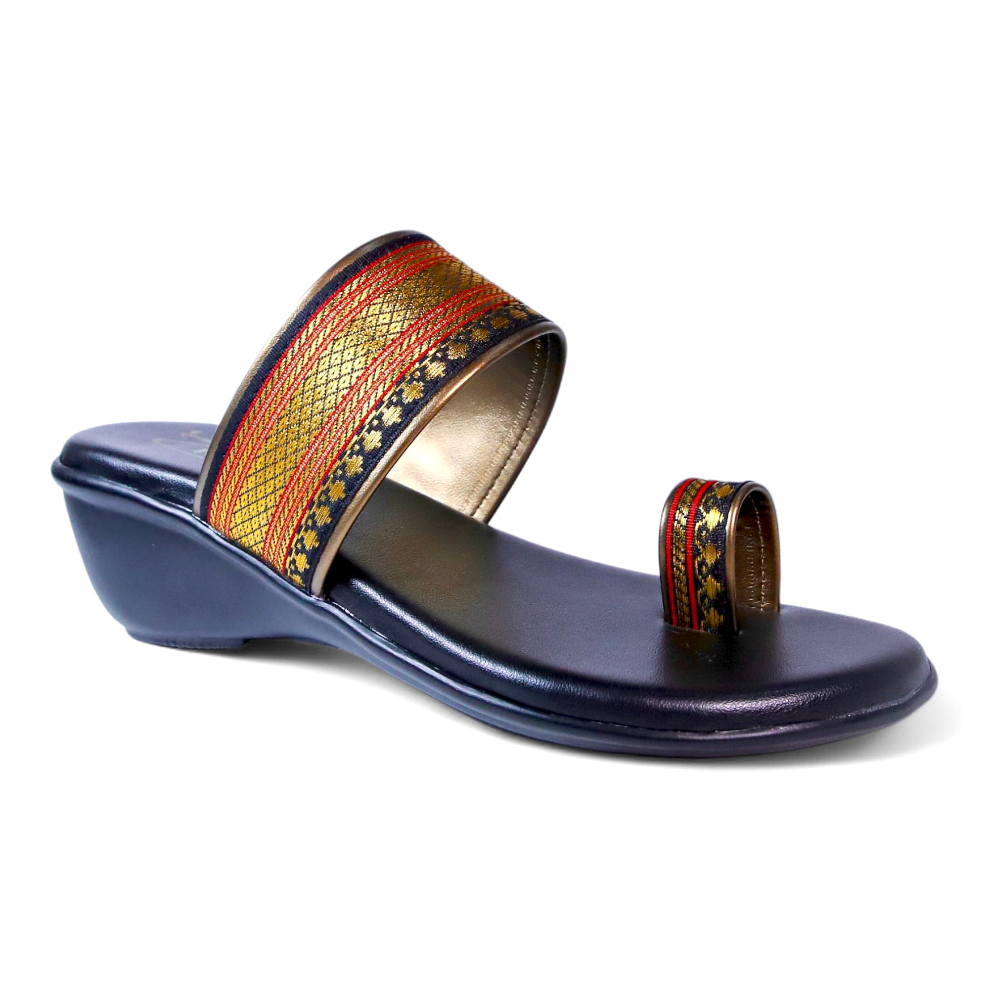 Women's Wedge Sandals with Colorful Embroidered Straps, Toe Ring Design, Low Heel Footwear, Paithani Straps, Matching With Sarees, Ethnic Look-image-15