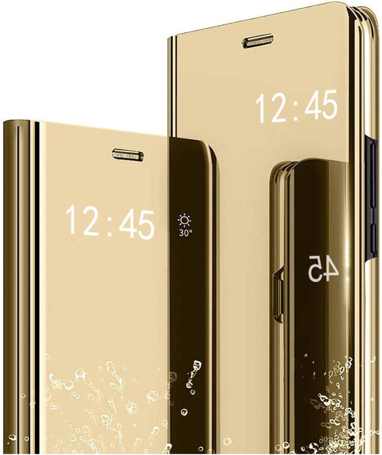 SZYZ Samsung Galaxy S21 Ultra Phone Case, Smooth Clear View Smart Display Shockproof Mirror Case with Flip Kickstand and All-Inclusive Protection Cover for Samsung Galaxy S21 Ultra QH Golden