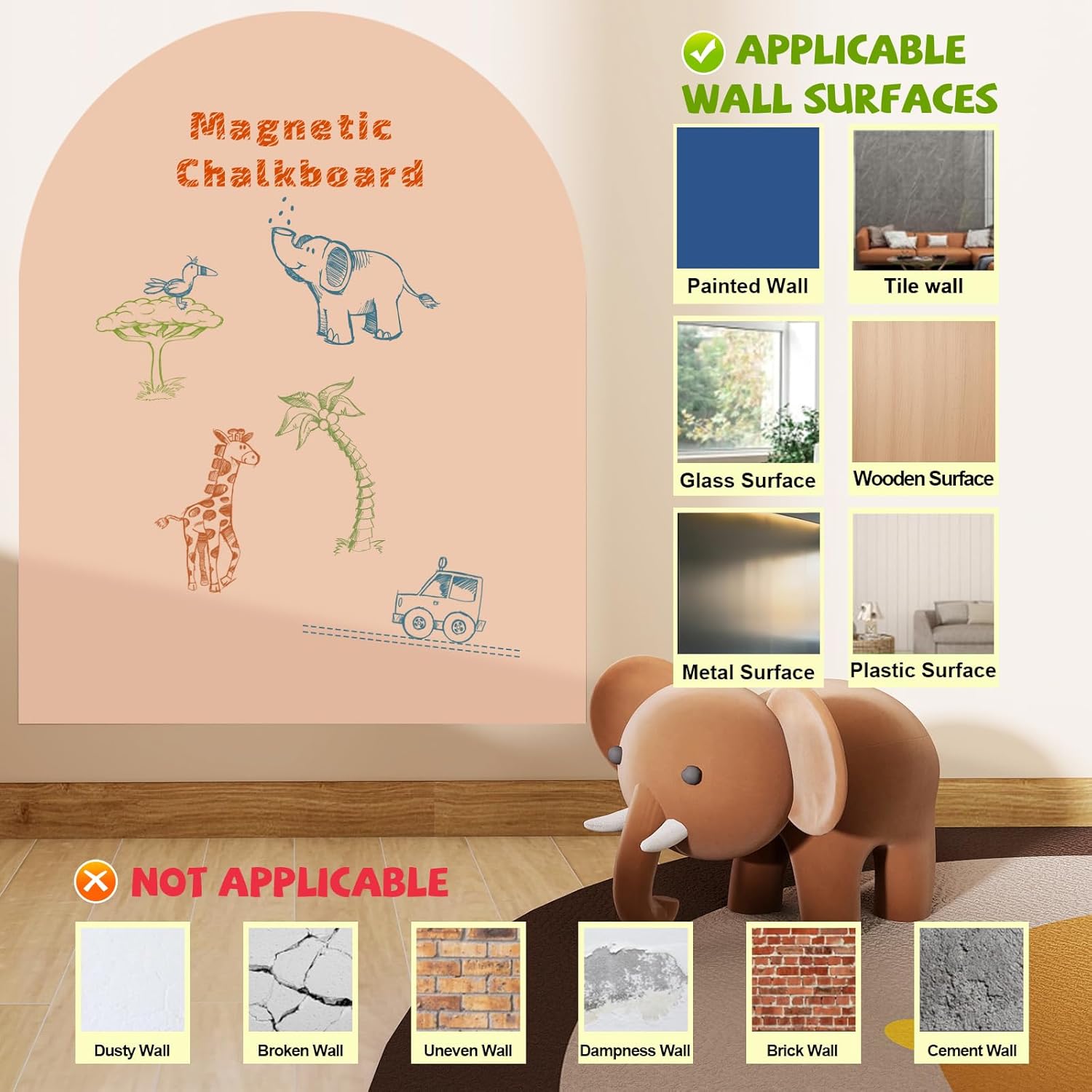 Magnetic Arch Wall Decal 40"x32" — Upgraded Self-Adhesive Magnetic Chalkboard,Magnet Wall for Kids, Includes 4 Magnet Sets, Chalkboard Eraser, Pen Holder for Playroom & Home Decor(Camel Pink)