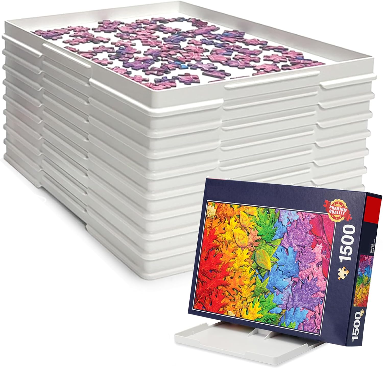 Playboda 9-Pack Puzzle Sorting Trays with Lid that Doubles as a Puzzle Box Stand – 11" x 9" Stackable Trays for 1000–1500 Piece Jigsaw Puzzles, Great Gift for Adult Puzzle Lovers
