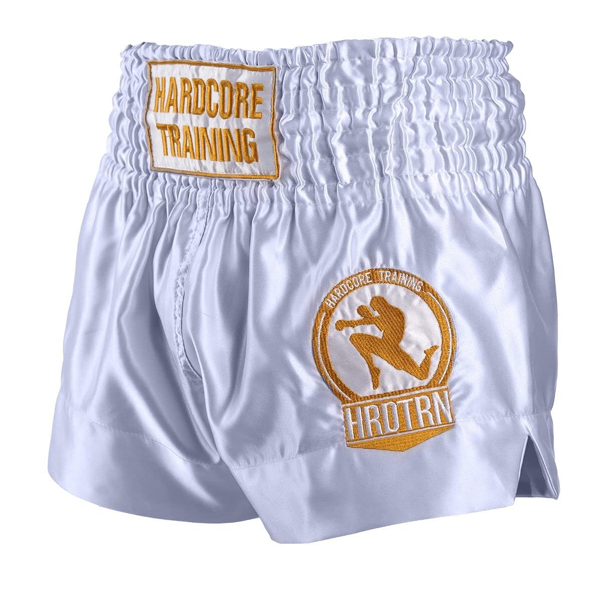 Hardcore Training Pantaloncini classici da Muay Thai, da uomo, per boxe, BJJ, MMA, bianco, L