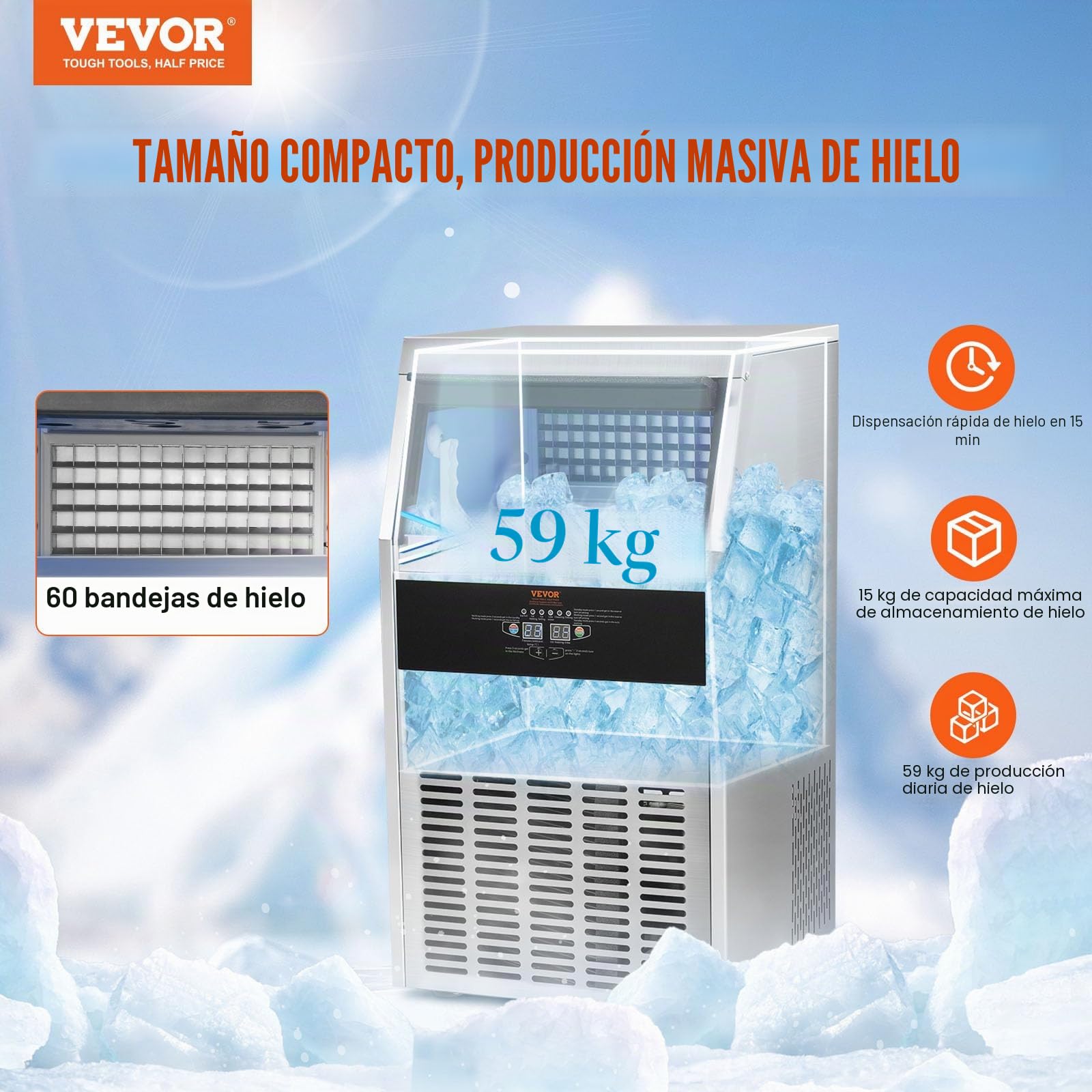 VEVOR Máquina para Hacer Cubitos de Hielo Comercial 56 kg/24h, 60 Bandejas para Cubitos de Hielo Capacidad de Almacenamiento de 15 kg Autolimpieza Sin Instalación Independiente para Hogar, Restaurante