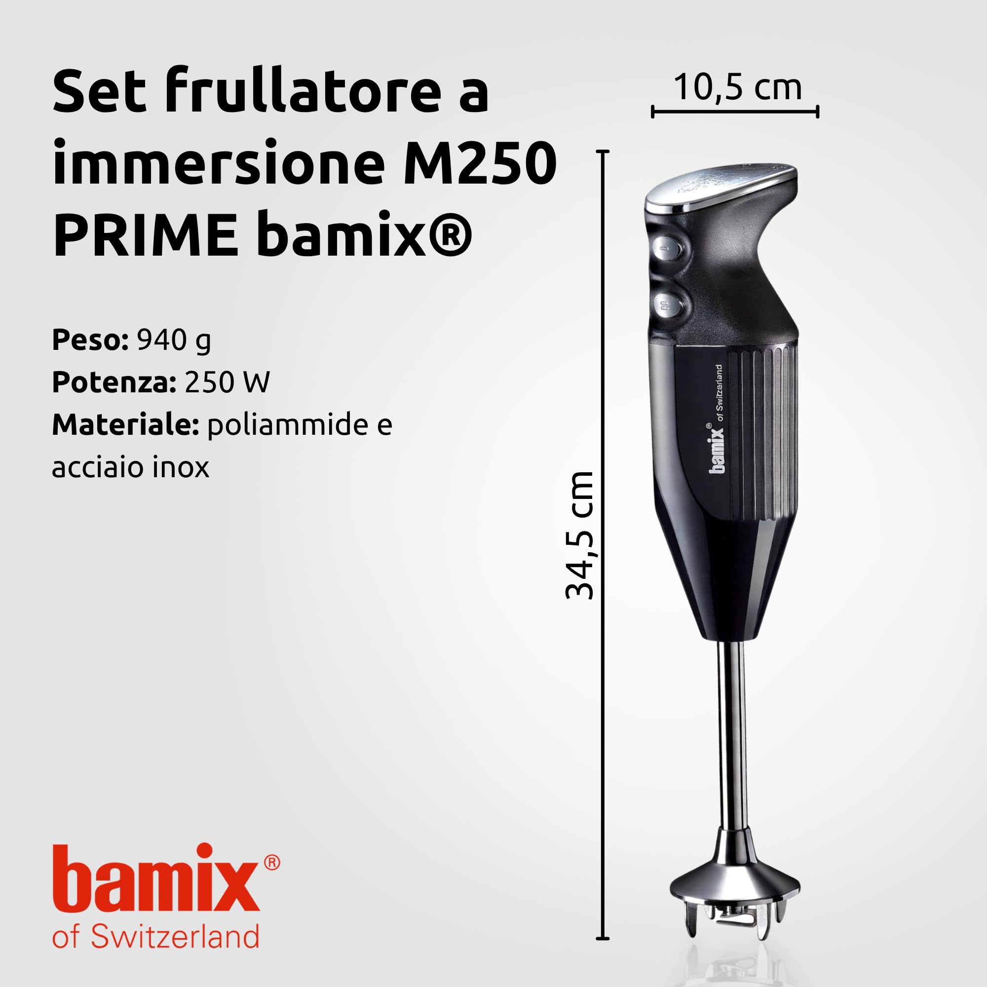 bamix Frullatore a immersione sbattitore M250 PRIME incl. lama multiuso, frusta, frullino in acciaio inox, 250 watt, 2 velocità, Made in Switzerland, Nero/cromo