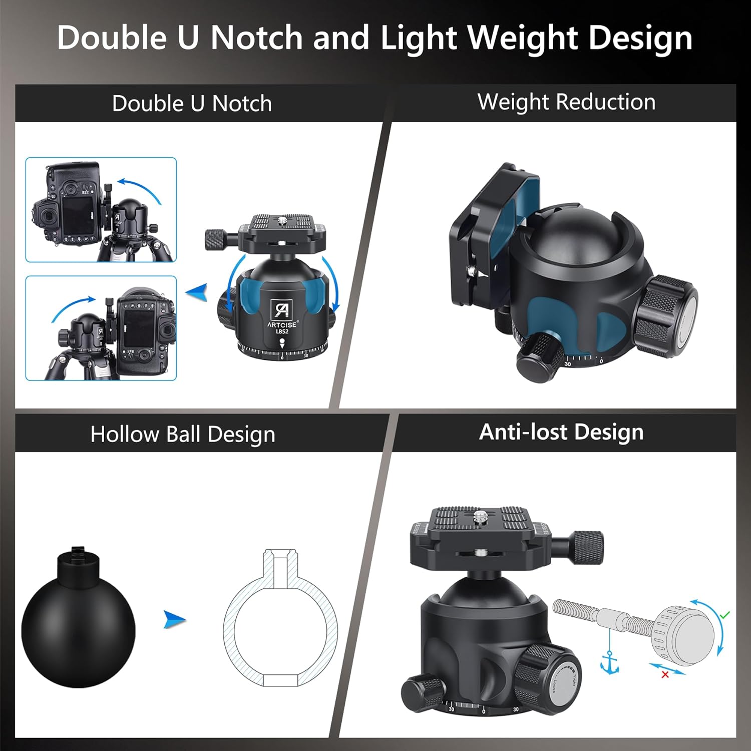 52mm Low Profile Ball Head Tripod Mount Ball Head ARTCISE All Metal CNC Machining with Two 1/4" Quick Release Plates for Tripod, Monopod, DSLR, Camcorder，Max Load 66lbs /30kg（All Black）