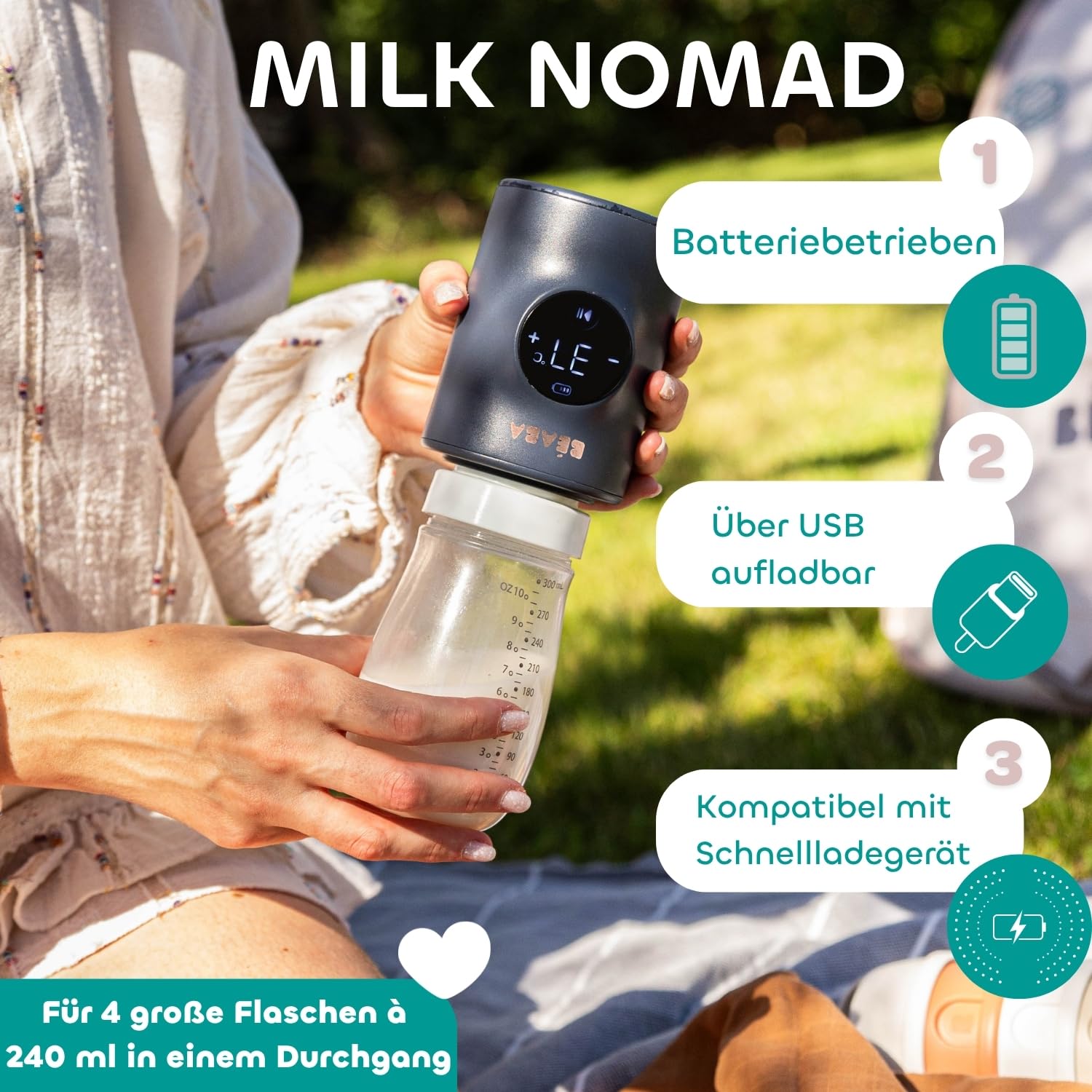 BÉABA Milk Nomad Ultra-schneller batteriebetriebener mobiler Flaschenwärmer Erwärmt in -3 Min Einstellbare Temperatur USB-C Kompakt