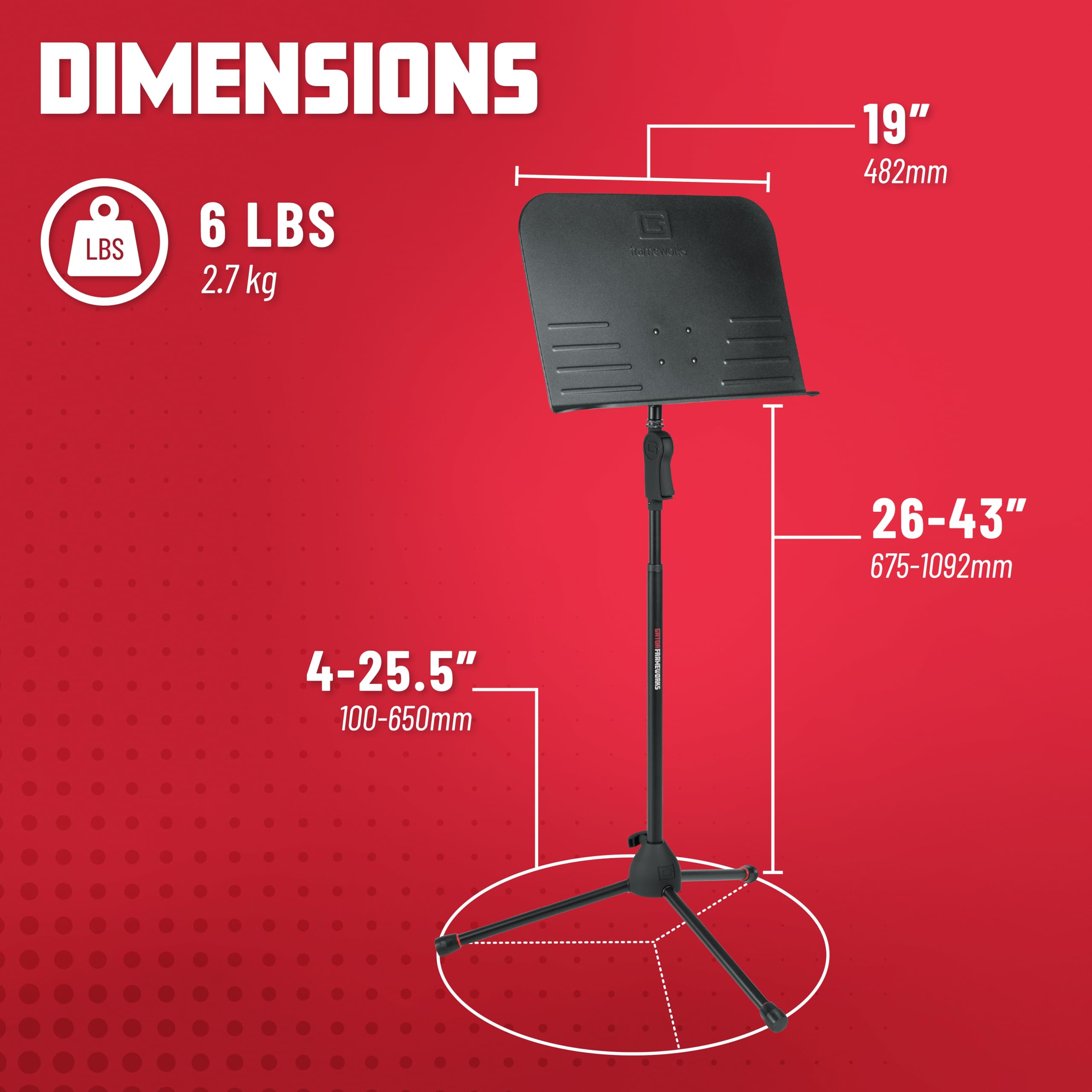 GATOR FRAMEWORKS - Leggio da Concerto con Altezza Regolabile, Base a Treppiede e Sistema di Regolazione con Morsetto a Pressione (GFW-MUS-2000)