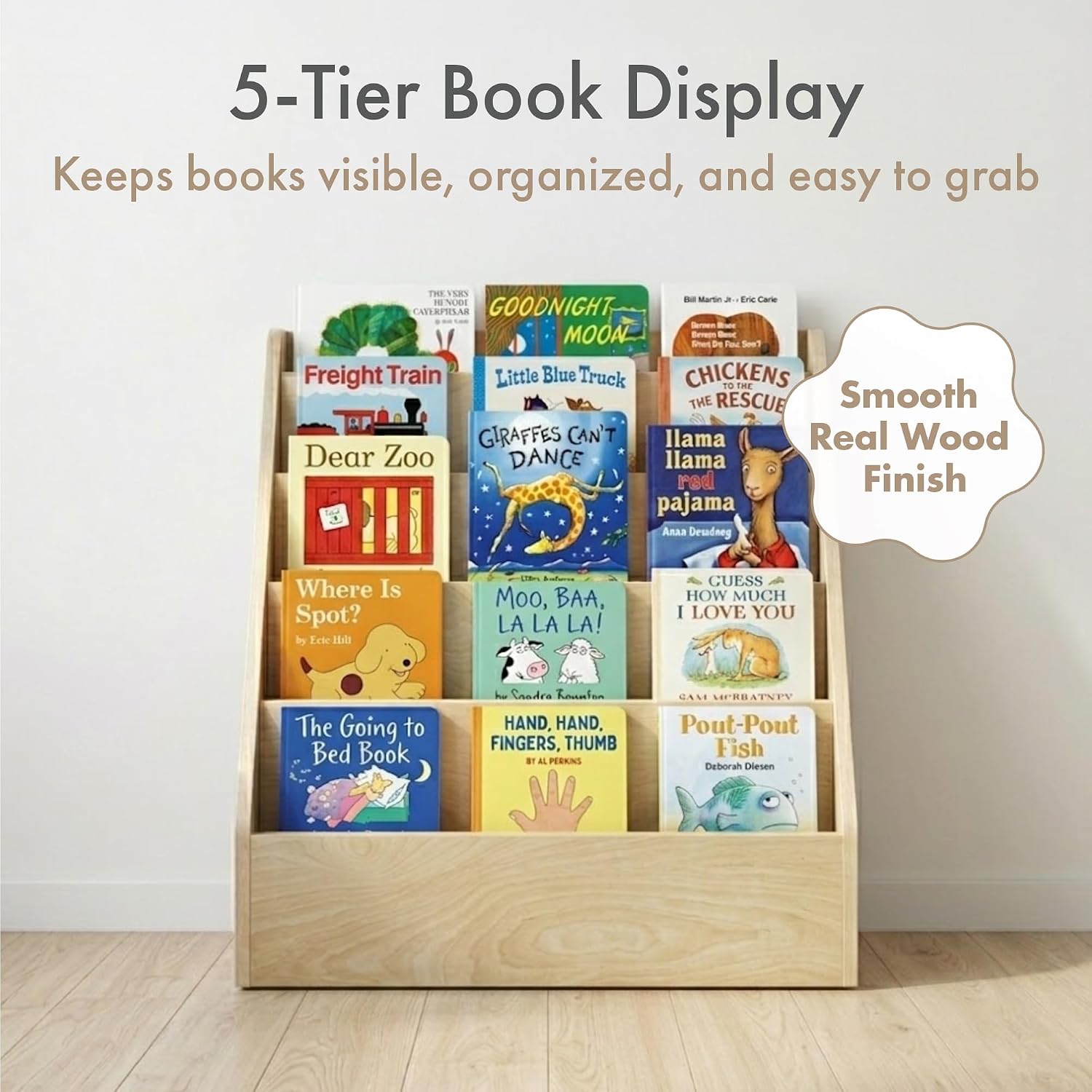 Humble Crew Kids Bookshelf, 5-Tier Front Facing Bookcase, Solid Wood Montessori Toddler Bookcase for Playroom, Bedroom & Reading Corner, 24” Wide