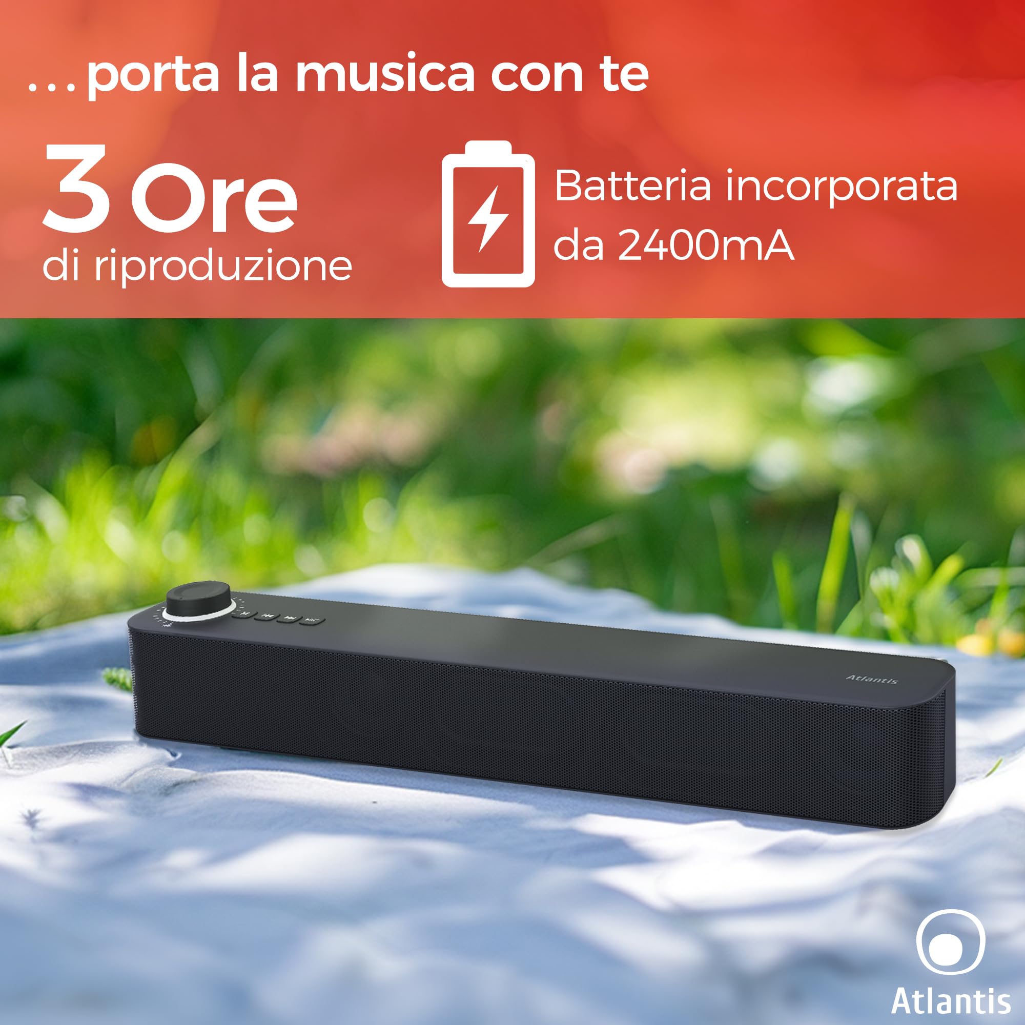 ATLANTIS Soundbar PC 20 W, głośnik PC, Jack 3.5 mm + Bluetooth 5.3 do smartfona, FireTV, gramofonu, odtwarzacza Batt. 2400 mhA, radia FM, głośnika PC, laptopa, telewizora, smartfona Dim 420 x 60 x 74