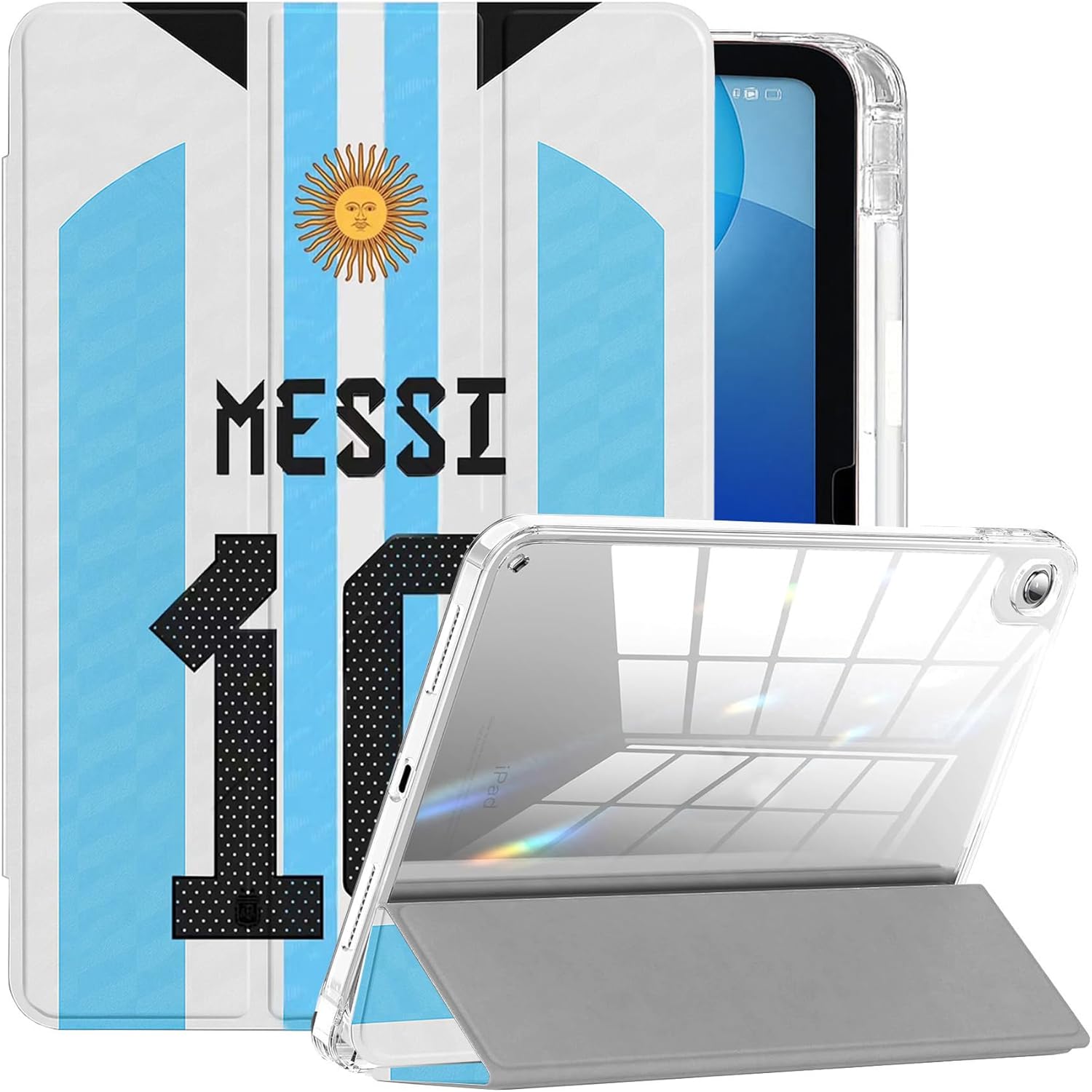 ZERMU for iPad 9th/ 8th/ 7th Generation 10.2 Inch Case, Hard Crystal Clear Mess%i Back Case Argentina #10 Miam%i Soccer Shockproof Cover [Auto Sleep/Wake] with Pencil Holder, Multi-Angle Kick Stand