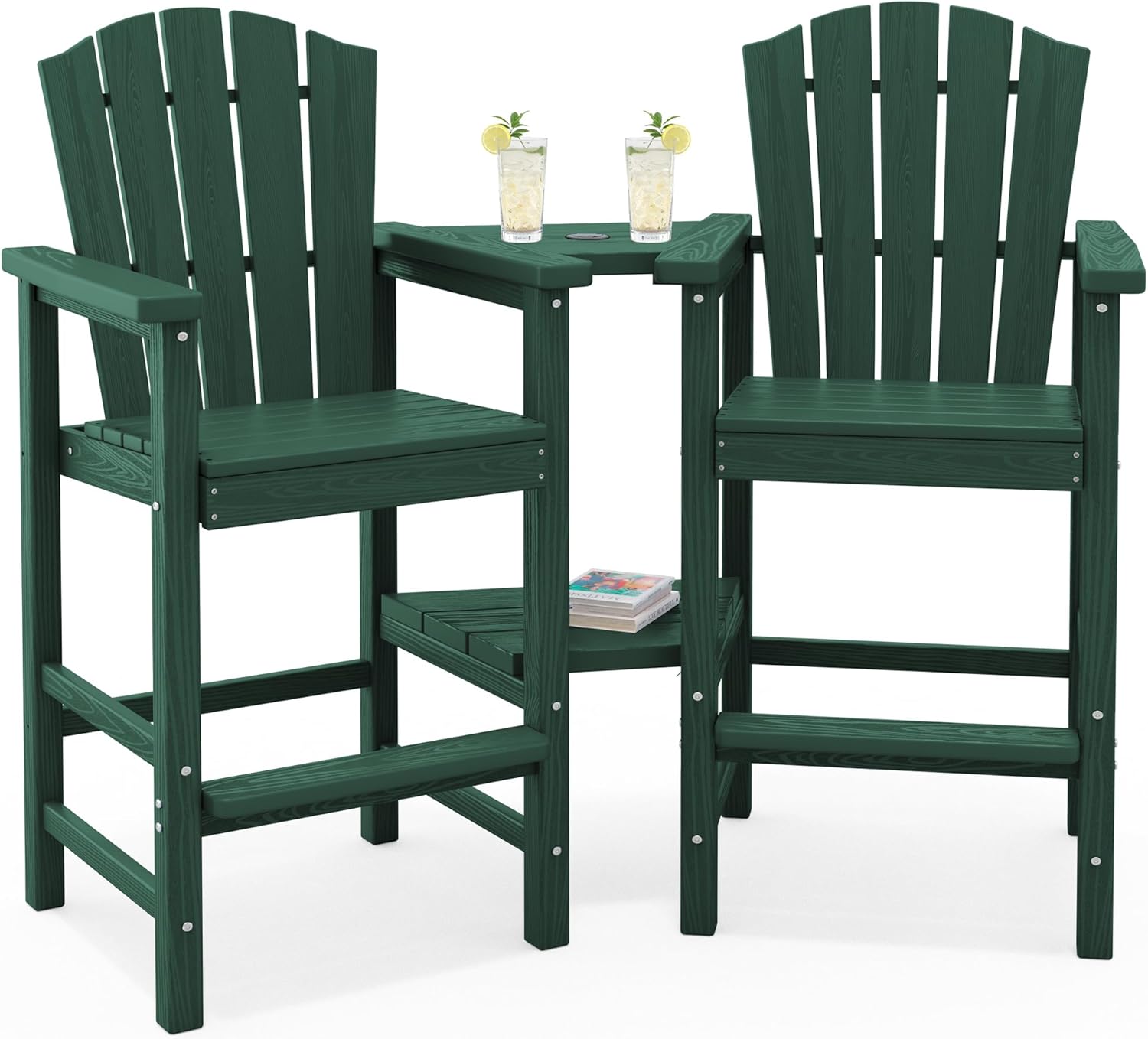 KINGYES Tall Adirondack Chair Set of 2,All Weather HDPE Bar Height Adirondack Chair with Double Connecting Trays, Outdoor Adirondack Barstools, High Airondack Chair, Balcony, Deck, Backyard, Green