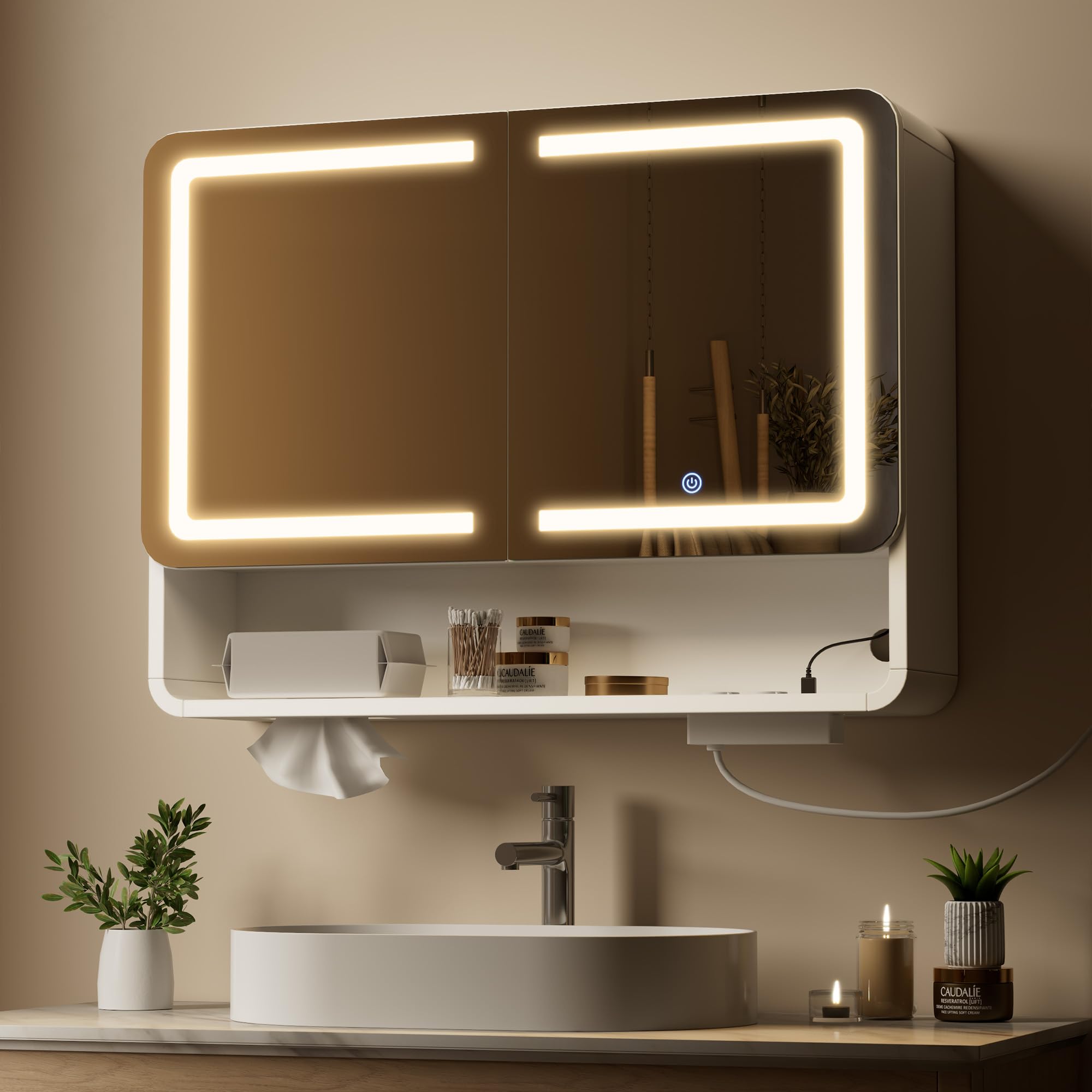 Gyfimoie Spiegelschrank Bad mit Beleuchtung LED, Badezimmer Spiegelschrank mit Steckdose, Badezimmerschrank Verstellbare Regale, Hängeschrank, Einlass für die Tissuebox, 80x60x16cm,