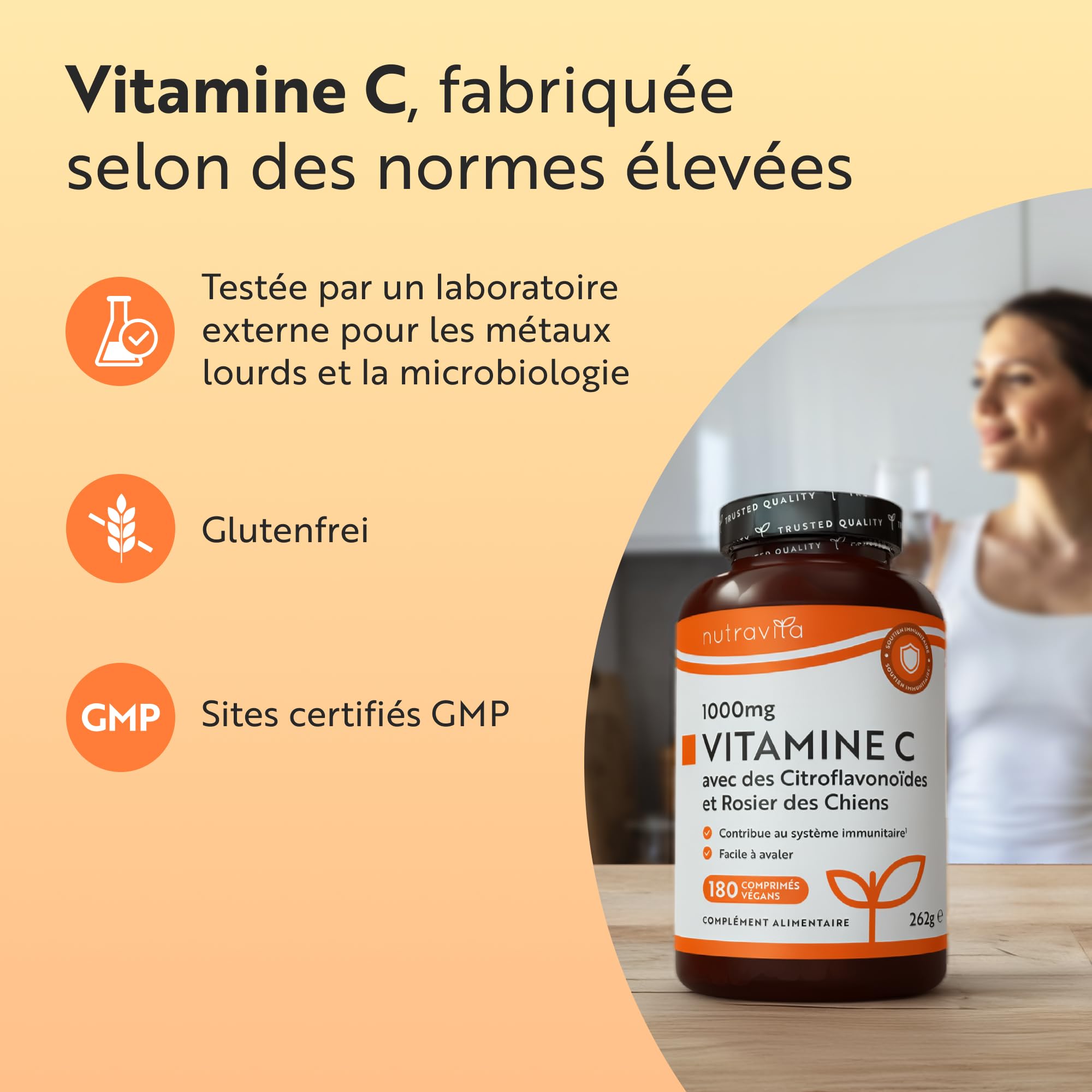 Nutravita Vitamine C 1000mg - Cure de 6 Mois, 180 Comprimés Vegan - Contribue à réduire la Fatigue, au Fonctionnement Normal du Système Immunitaire et à la Formation de Collagene - Vitamin C