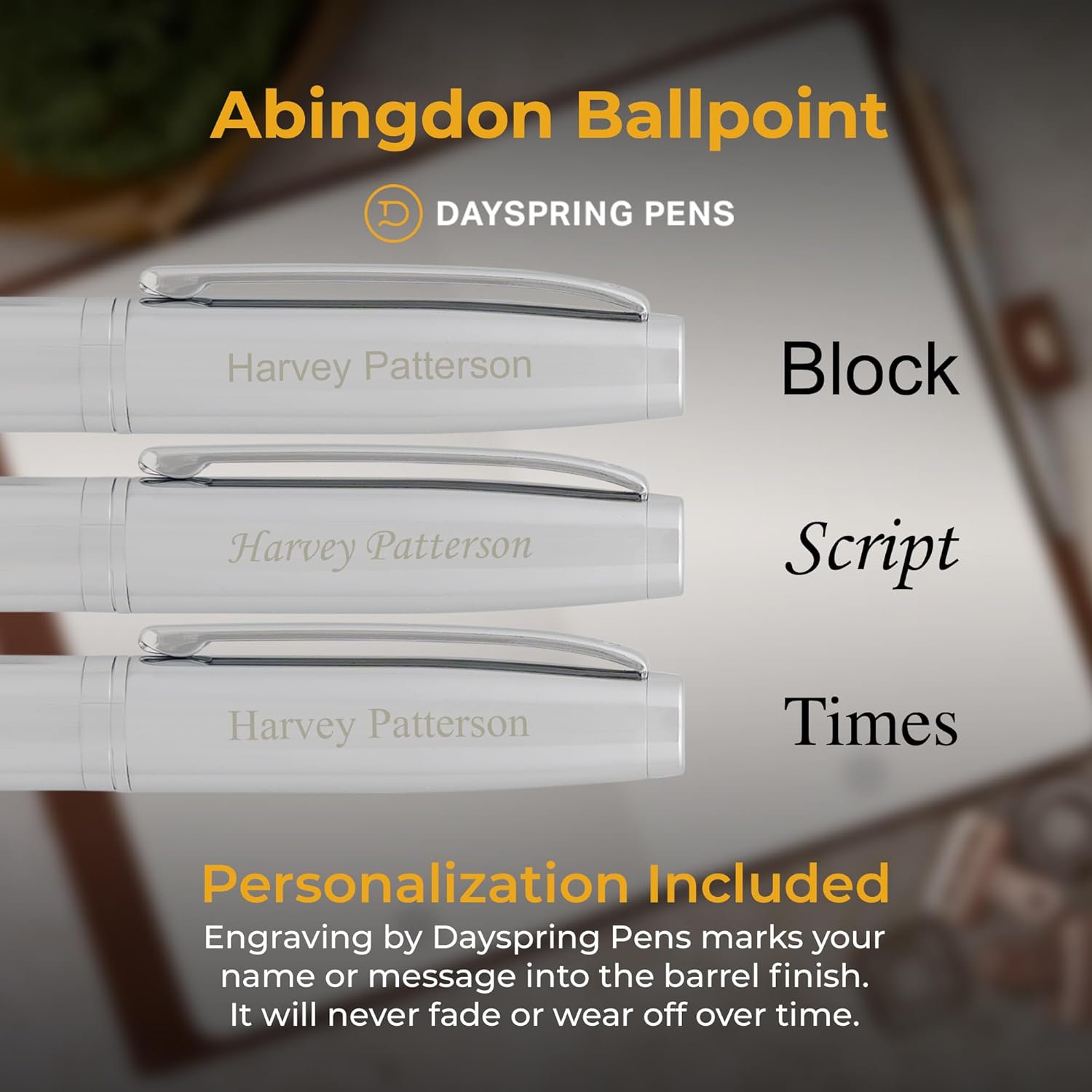 Dayspring Pens Personalized Abingdon Ballpoint. Engraved Gift Pen in Chrome. Twist-Action Medium Point Black Ink. Unique Gift with Engraved Name for Birthdays, Anniversaries, Corporate