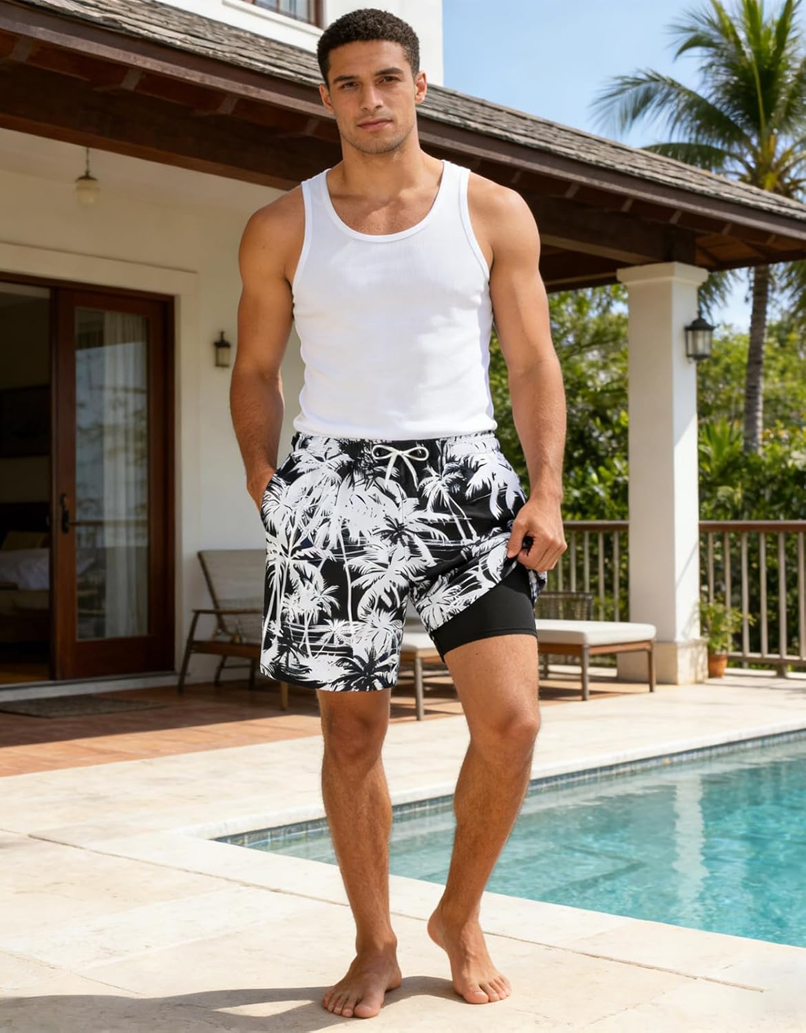 Goodstoworld Men's Funny Swim Trunks with Compression Liner 2 in 1 Quick-Dry 9" Stretch Shorts with Three Pockets