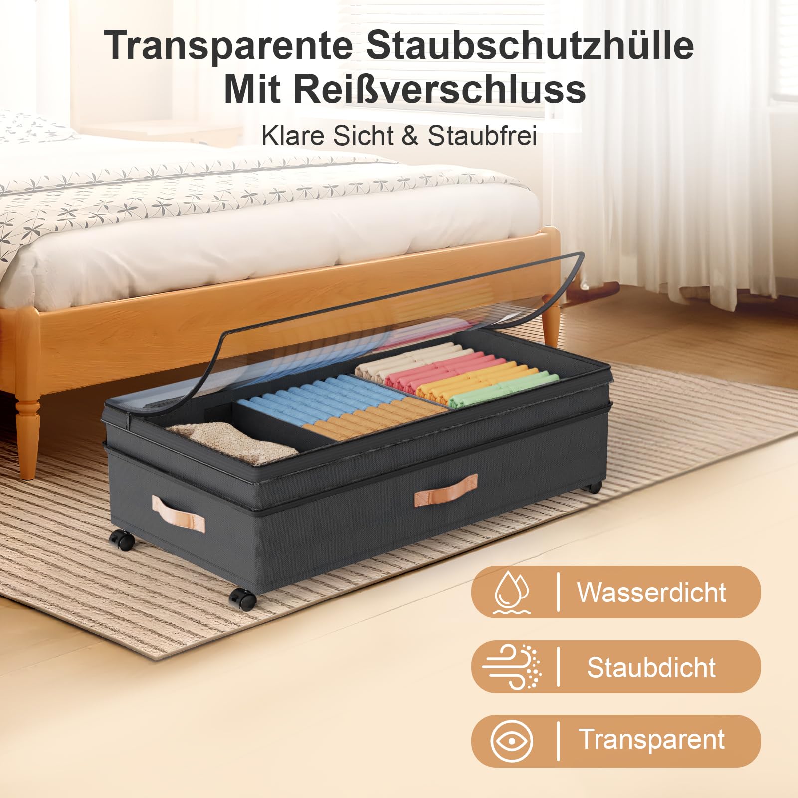 Lot de 2 boîtes de rangement sous le lit avec roulettes et couvercle, cadre en métal, pliable, pour vêtements, chaussures, couvertures, linge de lit