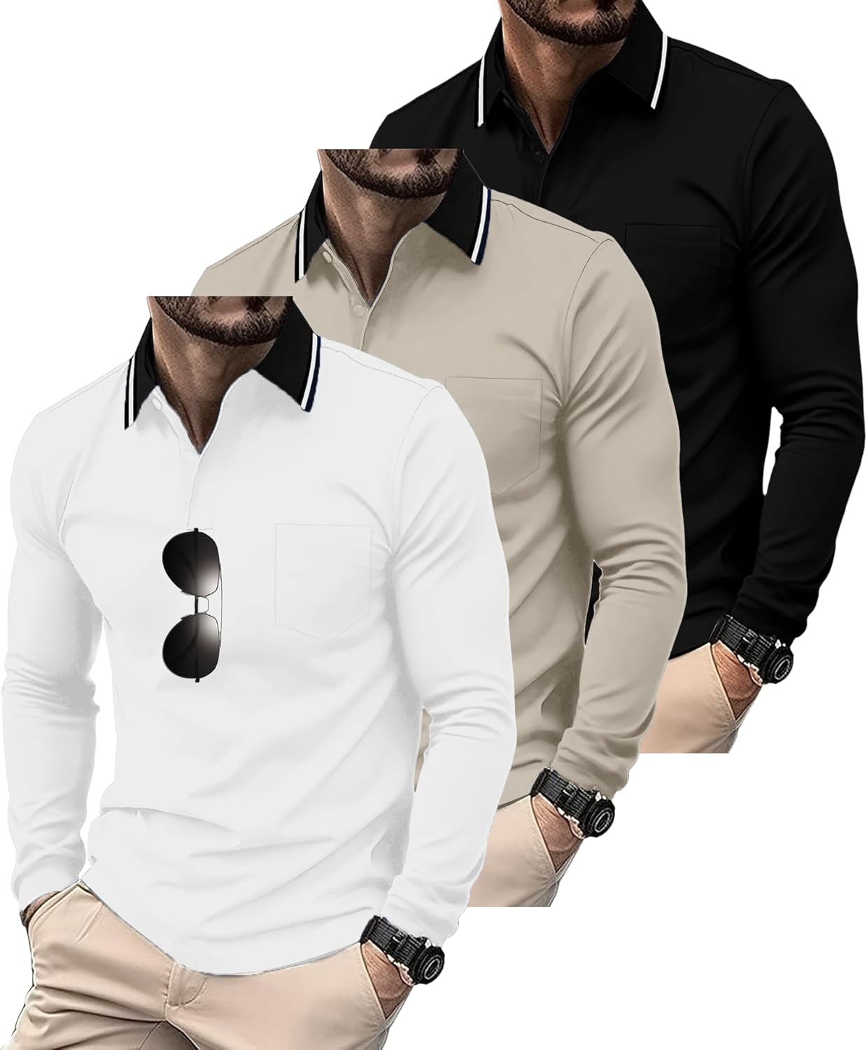 ZITY 3 Pack Men Polo Shirts Long Sleeve with Pocket Golf Shirts Shirts for Men Casual Work Athletic Collared T-Shirts