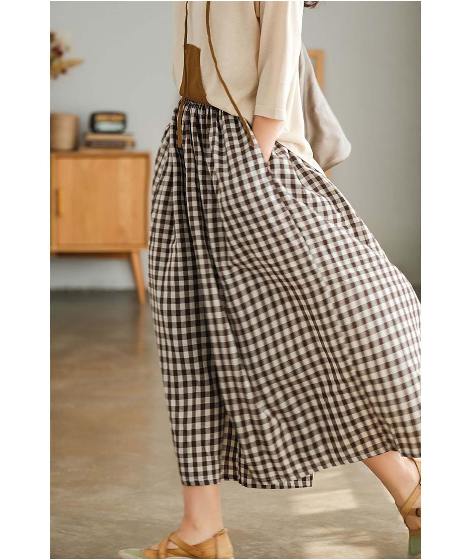 SOMTHRON Pantalon d'été en coton et lin pour femme - Coupe large - Taille élastique - Carreaux vichy - Pantacourt Palazzo