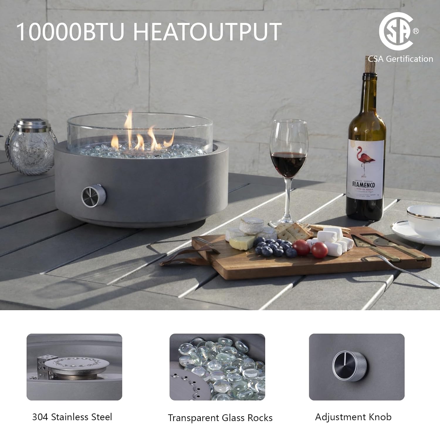 14-inch Table Top Fire Pit with Glass Windscreen, 10,000 Btu, CSA-Certified, Portable Table Top Fire Place, Suitable for Outdoor Patio Tables with Umbrella Holes