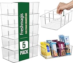 Confezione da 5 contenitori trasparenti con divisori rimovibili, impilabili, portatutto 4 in 1 per dispensa, cucina, frigo – ideali per snack, bustine, spezie.