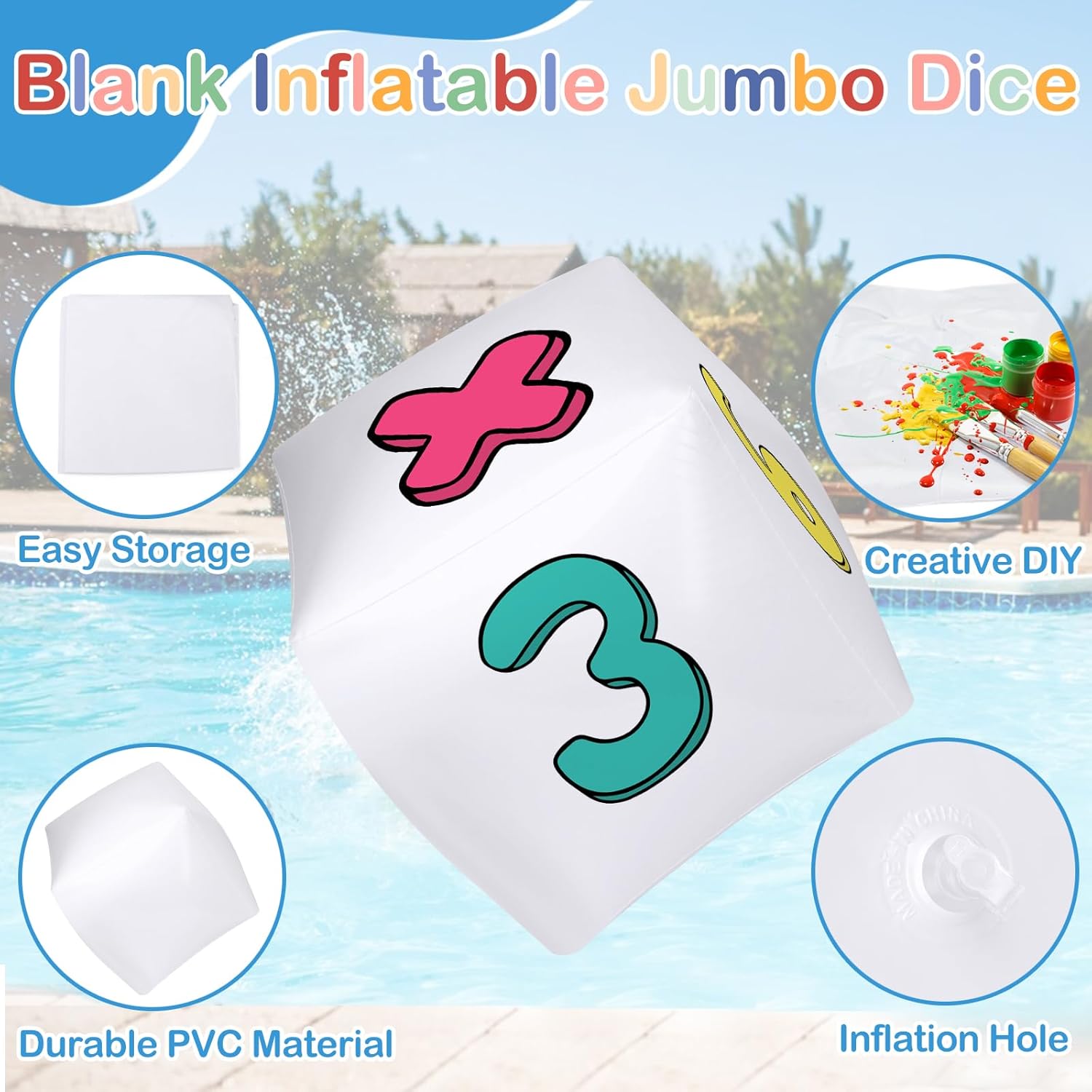 4 Pieces Jumbo Inflatable Dice 12.6 Inch Giant Large Inflatable Dice DIY Painting Crafts for Indoor Outdoor Lawn Game Pool Casino Themed Game Bunco Night Birthday Party Board Game (Blank White)
