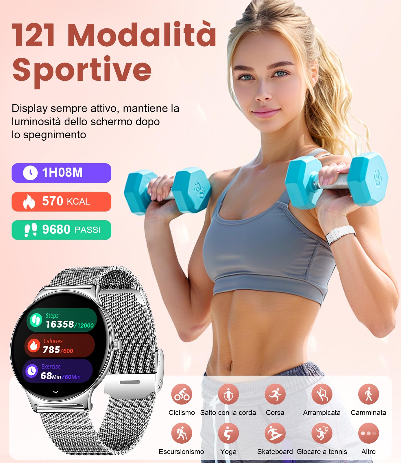 Smartwatch Donna, 1,43" AMOLED Ultra-sottile Orologio Fitness Con Chiamata Bluetooth,100+ Modalità Sportive,24H Cardiofrequenzimetro/Monitoraggio Sonno, IP68 Impermeabile, 2 Cinturini, per Android iOS
