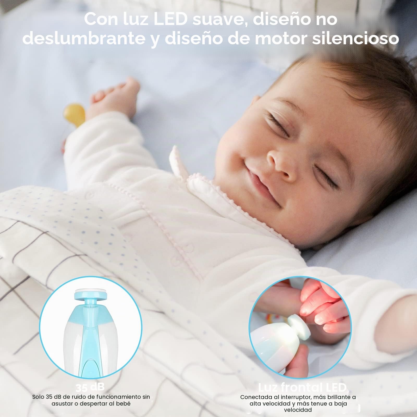 Lima de uñas eléctrica para bebés, cortaúñas 8 en 1 seguro, con 6 cabezales de pulido y luz, kit de cuidado de uñas para todas las edades (azul 1)