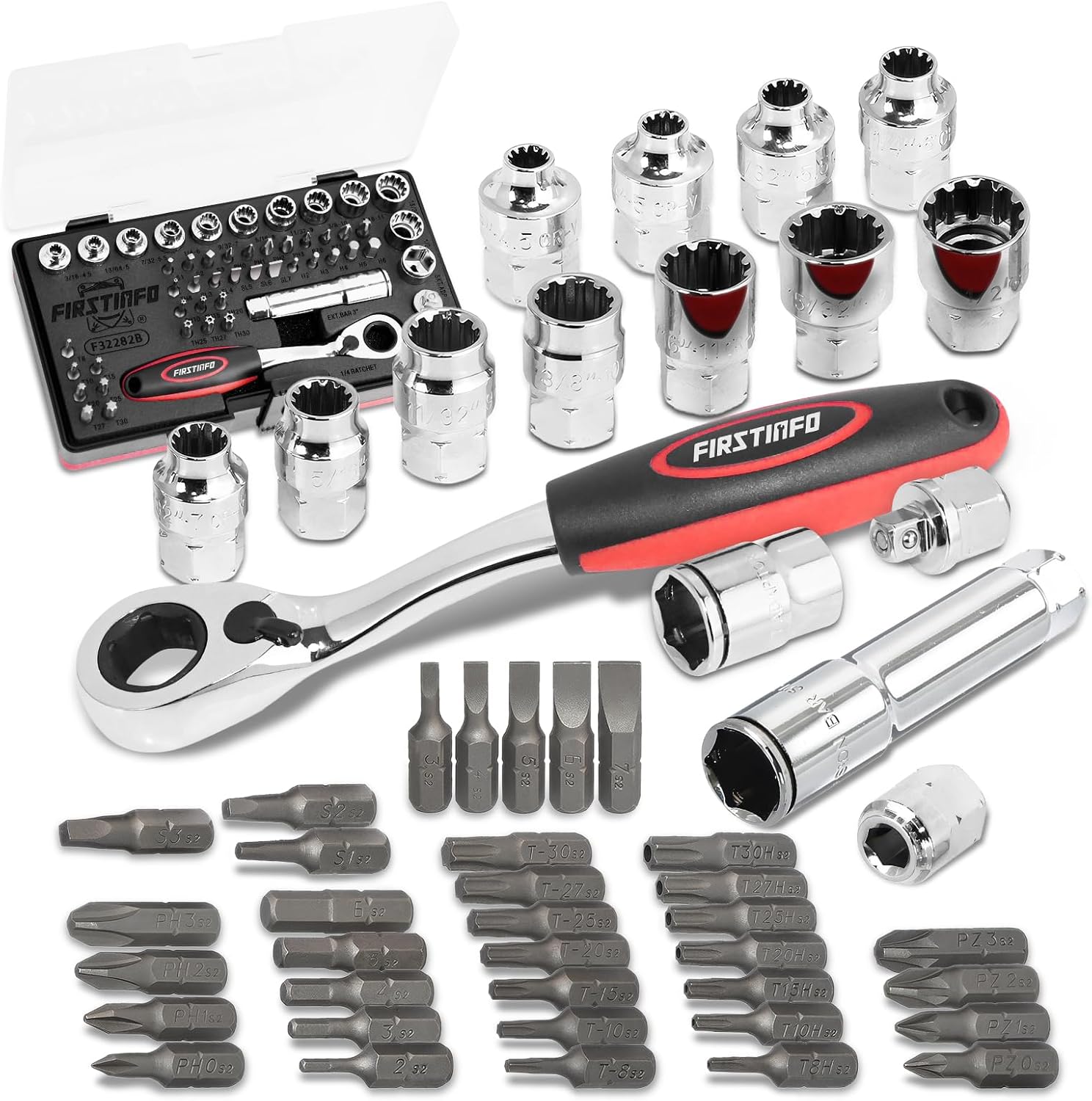 FIRSTINFO F32283 Low Profile Pass-Through Socket Wrench 52 Pcs Set SAE/Metric, 1/4" 3/8" 1/2" Wrench | Spline Socket Set For Damaged Fasteners