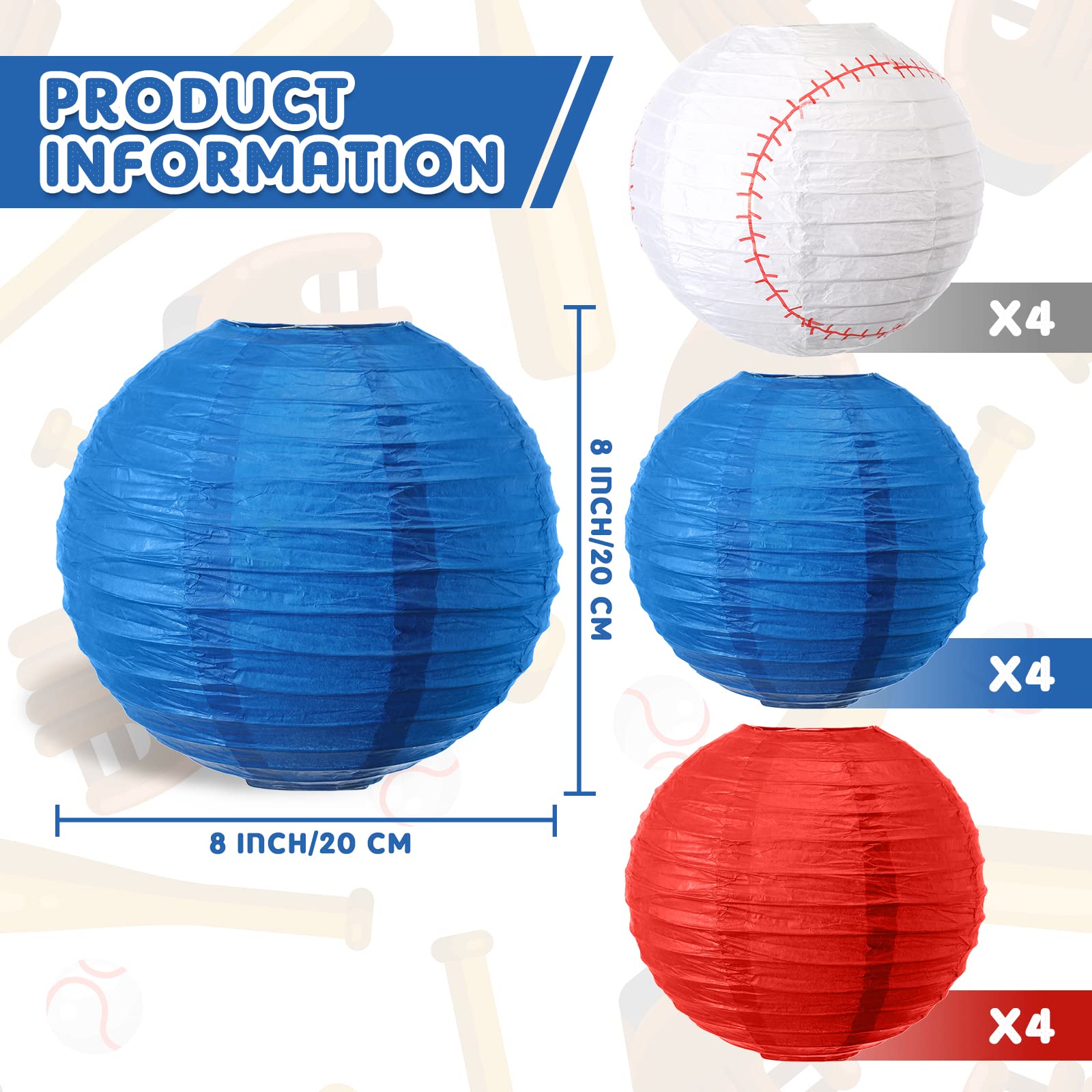 Fabbay 12 Pcs Baseball Lanterns Red White and Blue Baseball Paper Lantern 4th of July Decorations for Independence Day Sports Birthday Baby Shower Wedding Patriotic Supplies(8 Inch)