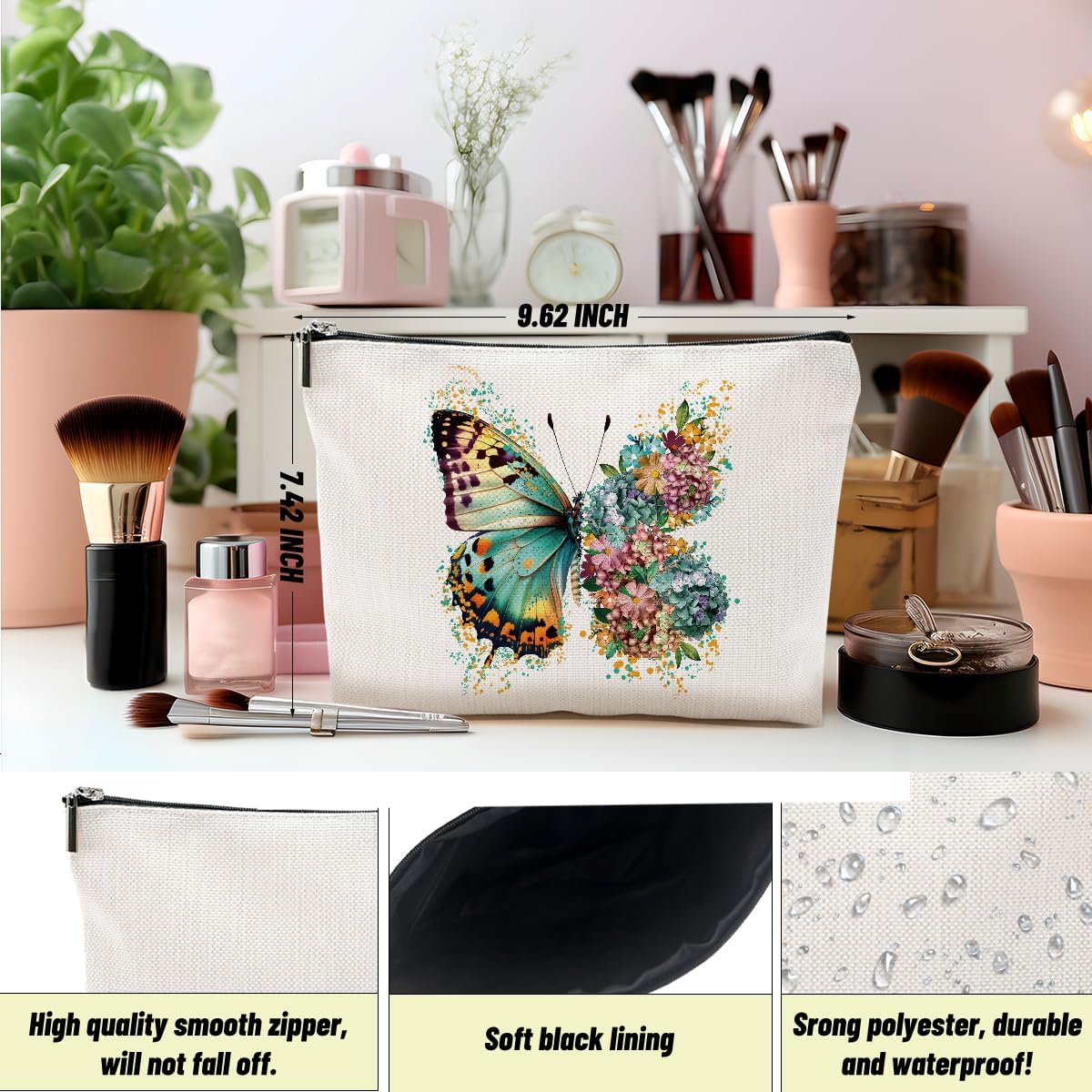 2pcs Aesthetic Butterfly Floral Makeup Bag Flowers Butterfly Gifts Cosmetic Bags for Women Girls, Aesthetic Zipper Pouch Travel Toiletry Bag Friend Gifts for Sisters Bestie - Image 3